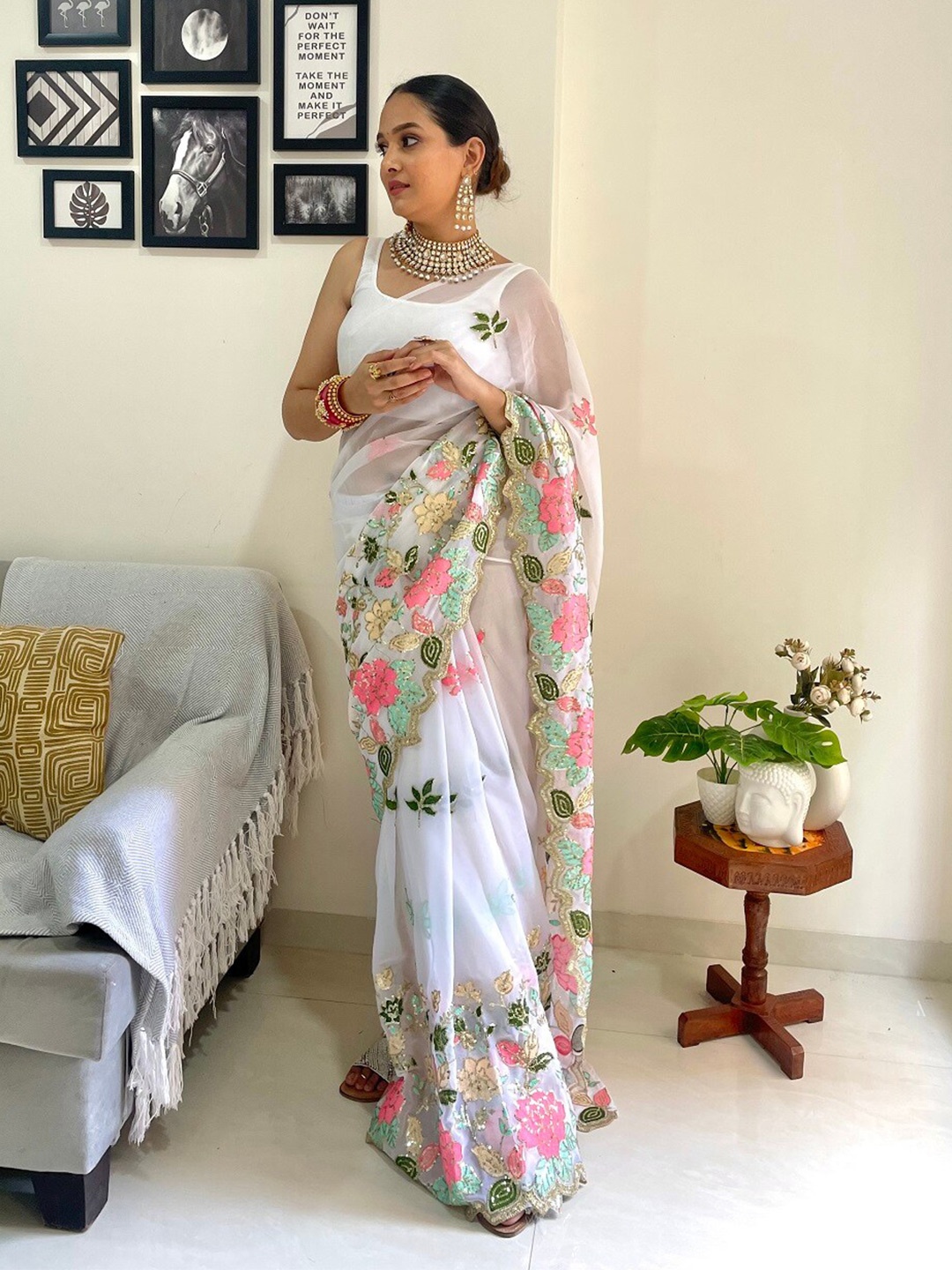 Mitera Floral Embroidered Sequinned Pure Georgette Saree, White