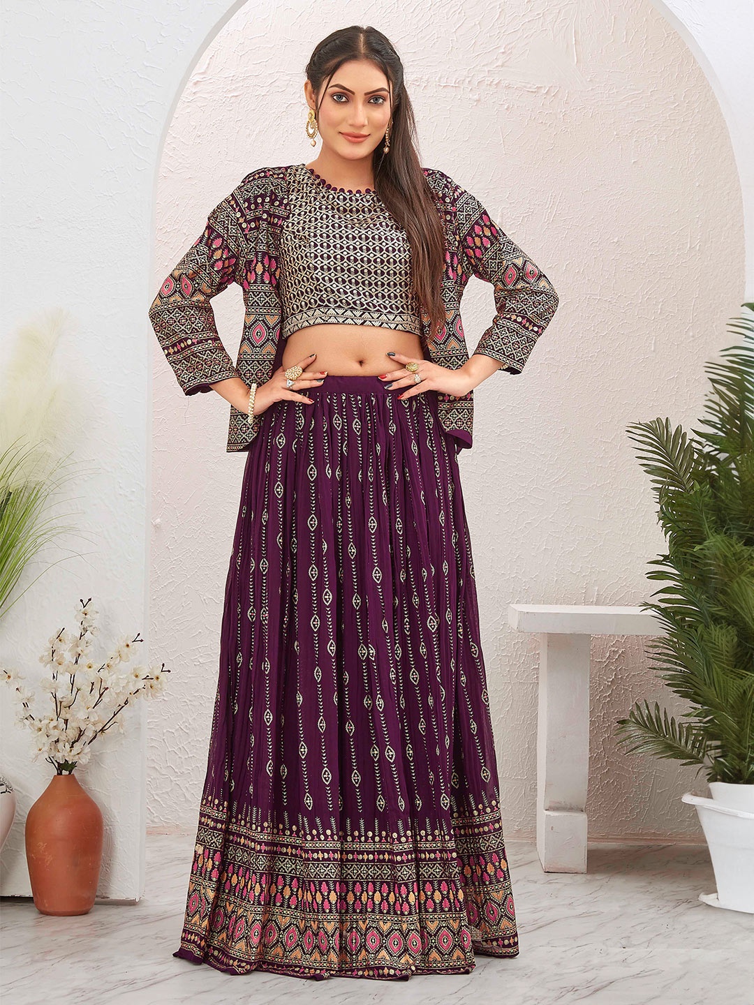 Chandbaali Embroidered Sequinned Foil Print Ready to Wear Lehenga & Choli with Jacket, Burgundy
Chandbaali Embroidered Sequinned Foil Print Ready to Wear Lehenga & Choli with Jacket, Burgundy