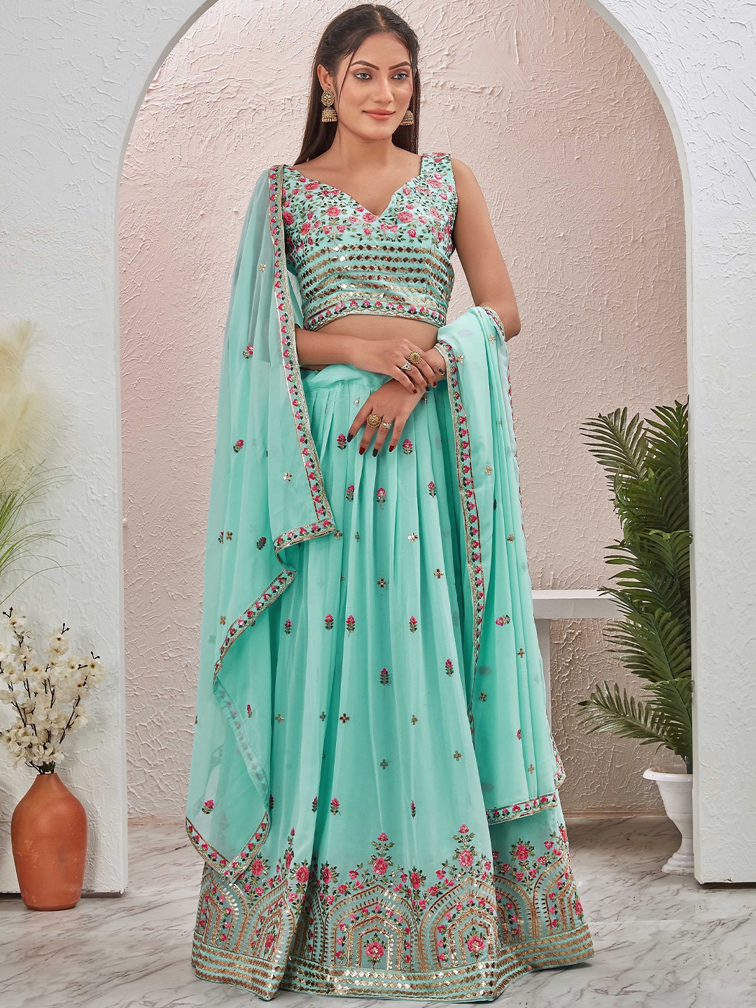 Chandbaali Embroidered Thread Work Foil Print Ready to Wear Lehenga & Blouse With Dupatta, Sea green
Chandbaali Embroidered Thread Work Foil Print Ready to Wear Lehenga & Blouse With Dupatta, Sea green