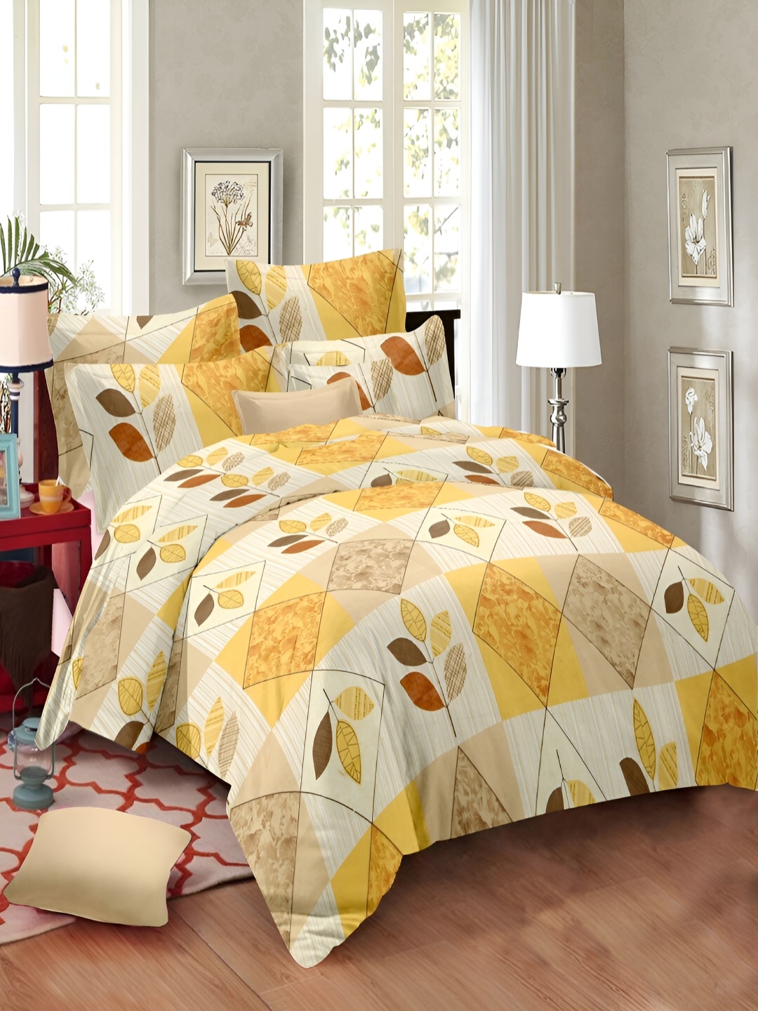borato Yellow & Red Floral 144 TC Cotton King Bedsheet with 2 Pillow Covers