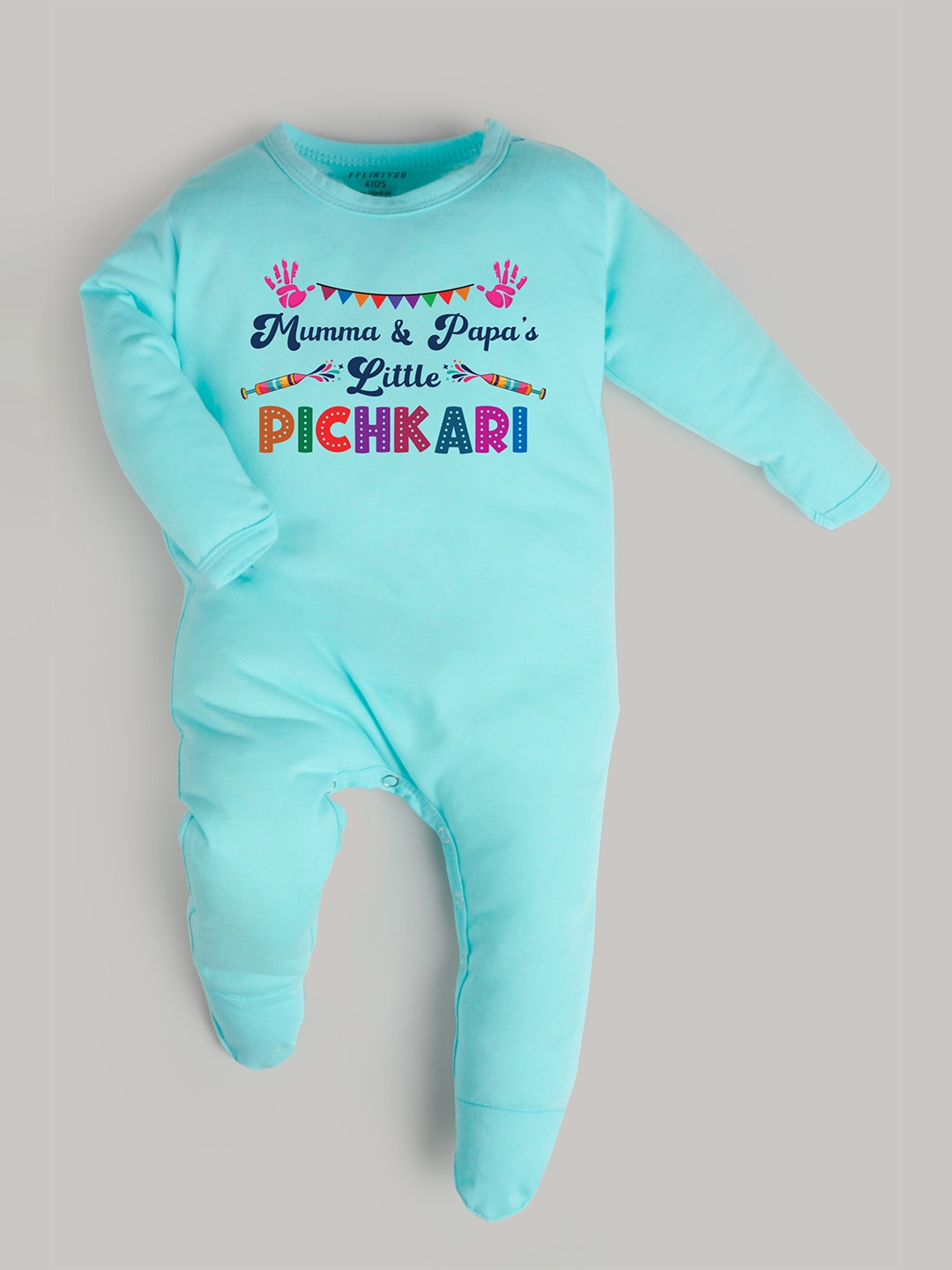 FflirtyGo Infants Typography Printed Holi Special Pure Cotton Sleepsuit, Turquoise blue
FflirtyGo Infants Typography Printed Holi Special Pure Cotton Sleepsuit, Turquoise blue