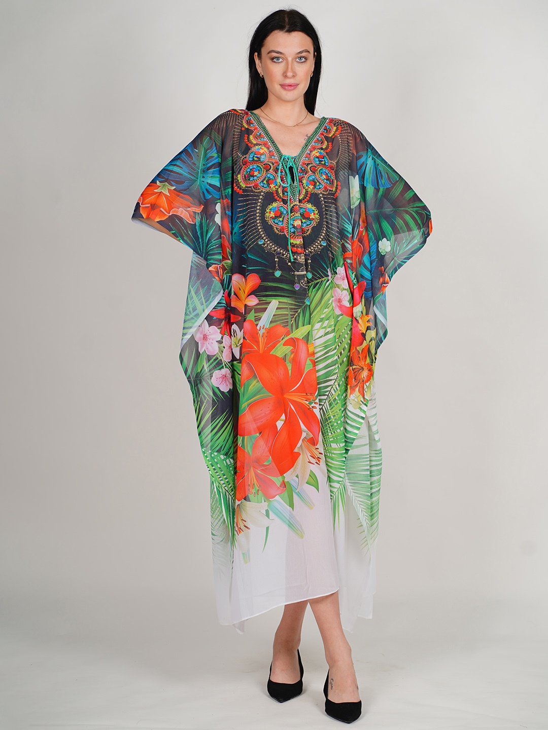 Rajoria Instyle Floral Printed Tie Up Neck Semi Sheer Georgette Kaftan Midi Dress, White
Rajoria Instyle Floral Printed Tie Up Neck Semi Sheer Georgette Kaftan Midi Dress, White