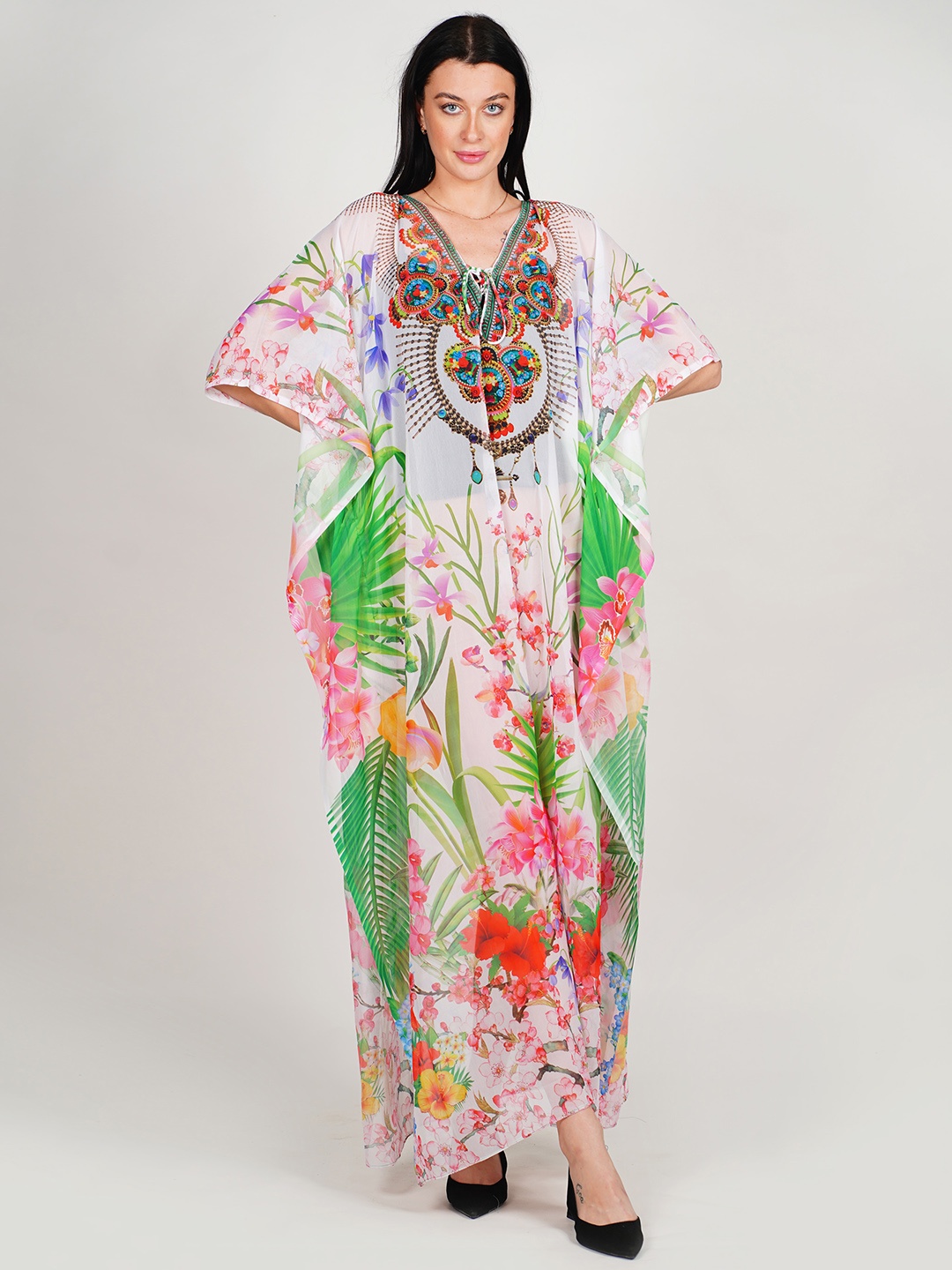 Rajoria Instyle Floral Printed Tie-Up Neck Extended Sleeves Georgette Kaftan Maxi Dress, White
Rajoria Instyle Floral Printed Tie-Up Neck Extended Sleeves Georgette Kaftan Maxi Dress, White