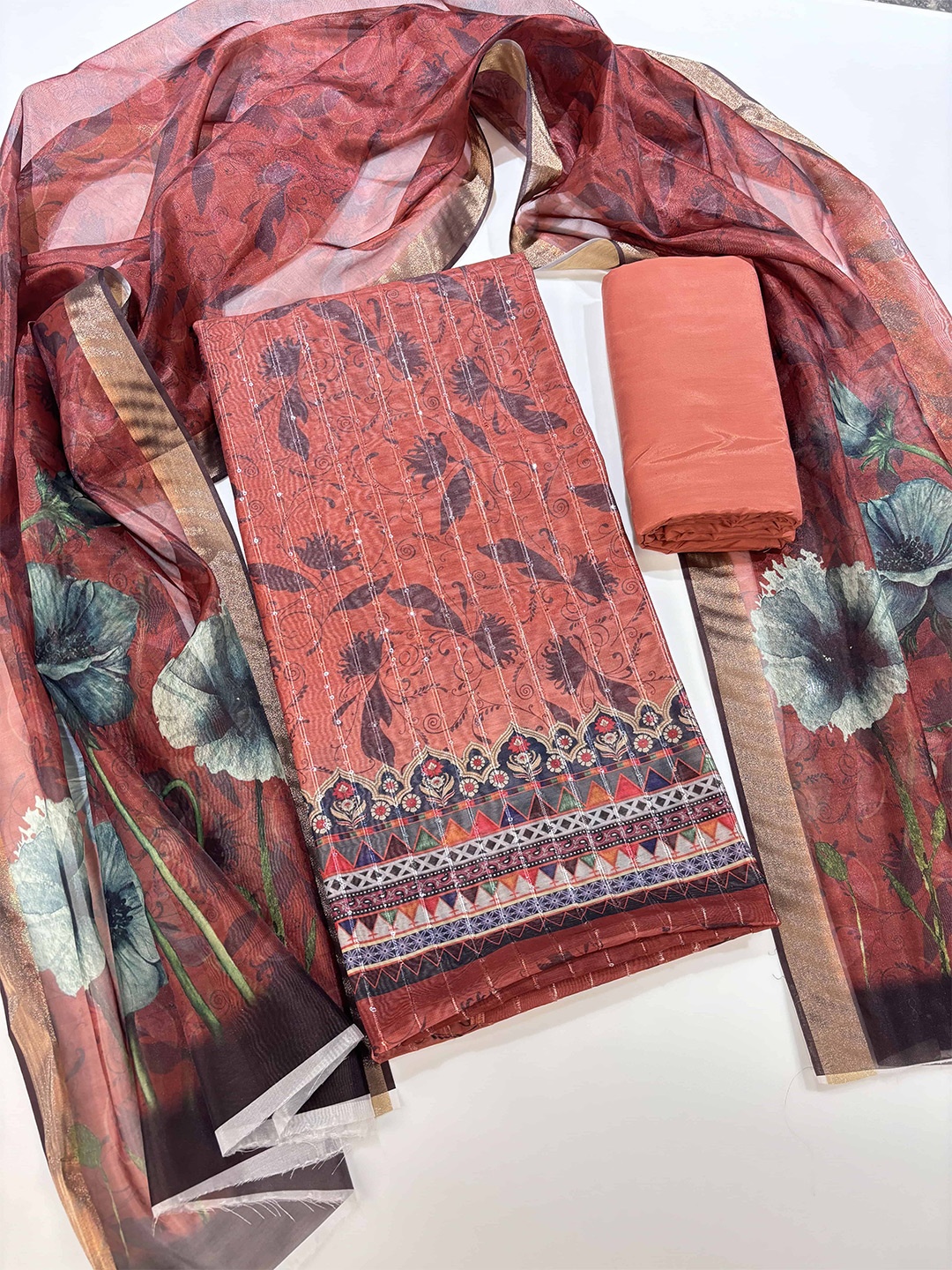 KALINI Floral Digital Printed Sequined Chanderi Cotton Unstitched Dress Material, Rust
KALINI Floral Digital Printed Sequined Chanderi Cotton Unstitched Dress Material, Rust