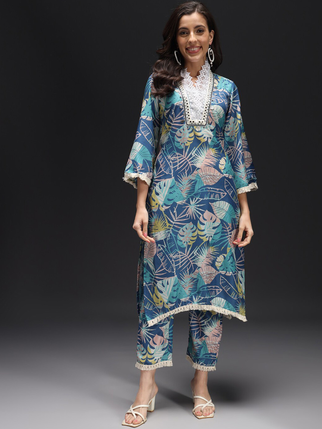HEEPOSH Floral Printed Beads and Stones Silk Crepe Top With Trouser, Blue 
HEEPOSH Floral Printed Beads and Stones Silk Crepe Top With Trouser, Blue