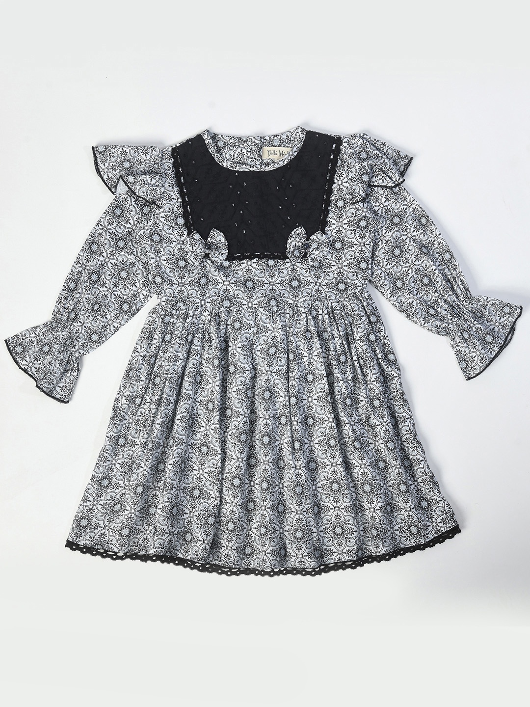 Bella Moda Girls Floral Printed Bell Sleeves Gathered Embroidered Cotton Fit & Flare Dress, Black
Bella Moda Girls Floral Printed Bell Sleeves Gathered Embroidered Cotton Fit & Flare Dress, Black