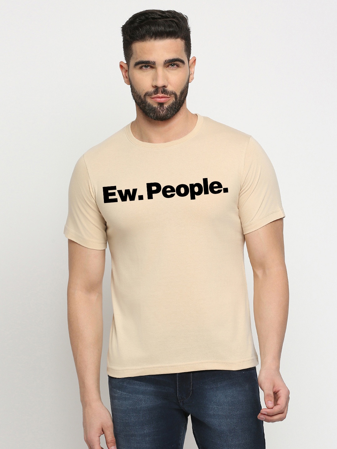 MOD ECRU Unisex Typography Printed Round Neck Cotton T-shirt, Cream