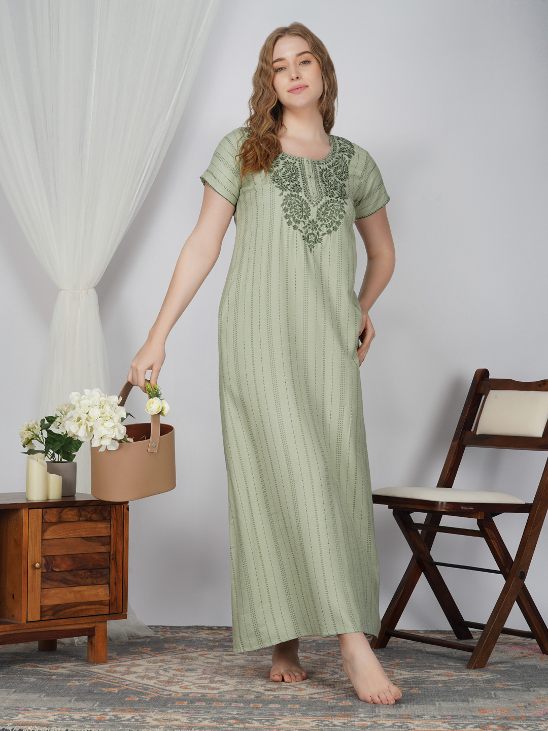 Sand Dune Striped Round Neck Short Sleeves Maxi Nightdress, Green 
Sand Dune Striped Round Neck Short Sleeves Maxi Nightdress, Green