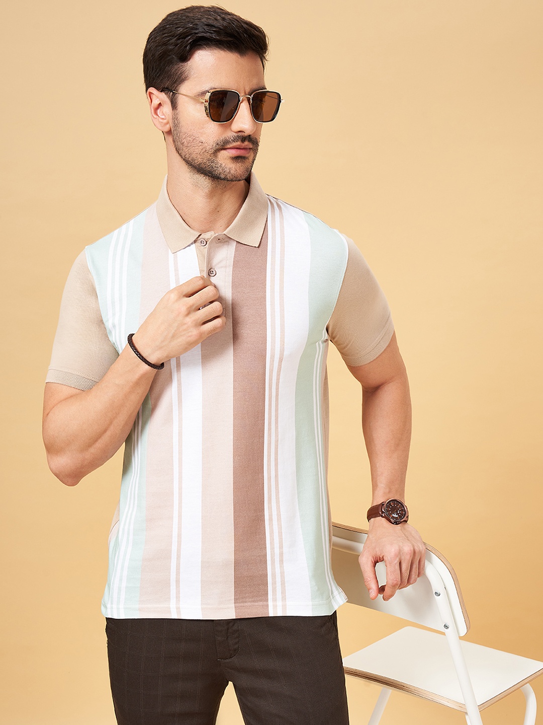 BYFORD by Pantaloons Striped Polo Collar Pure Cotton Slim Fit T-shirt, Beige