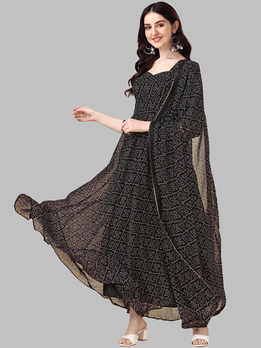 N N ENTERPRISE Bandhani Printed Pure Georgette Maxi Ethnic Dress With Dupatta, Black
N N ENTERPRISE Bandhani Printed Pure Georgette Maxi Ethnic Dress With Dupatta, Black