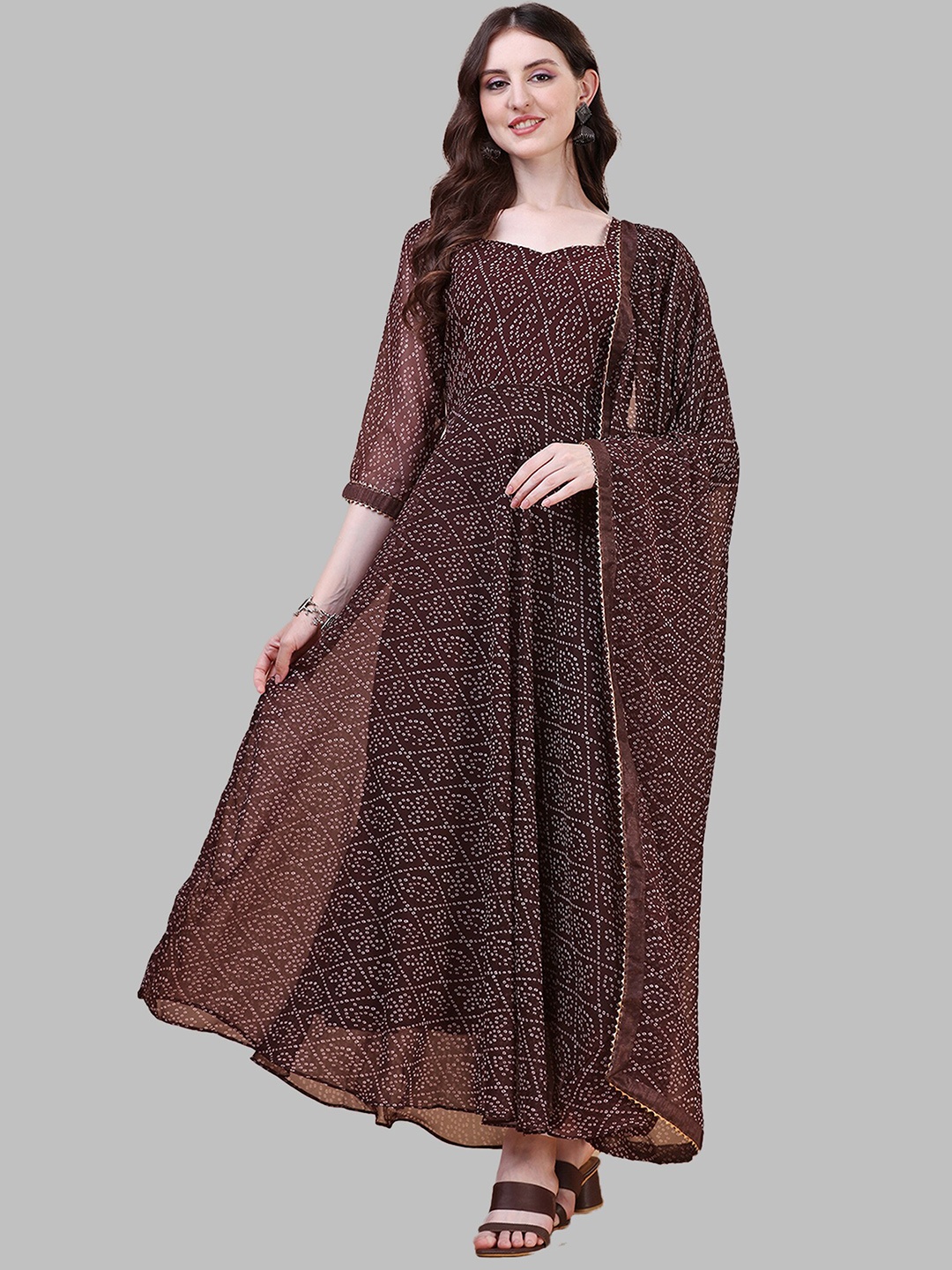N N ENTERPRISE Bandhani Printed Gotta Patti Pure Georgette Anarkali Kurta With Dupatta, Brown
N N ENTERPRISE Bandhani Printed Gotta Patti Pure Georgette Anarkali Kurta With Dupatta, Brown