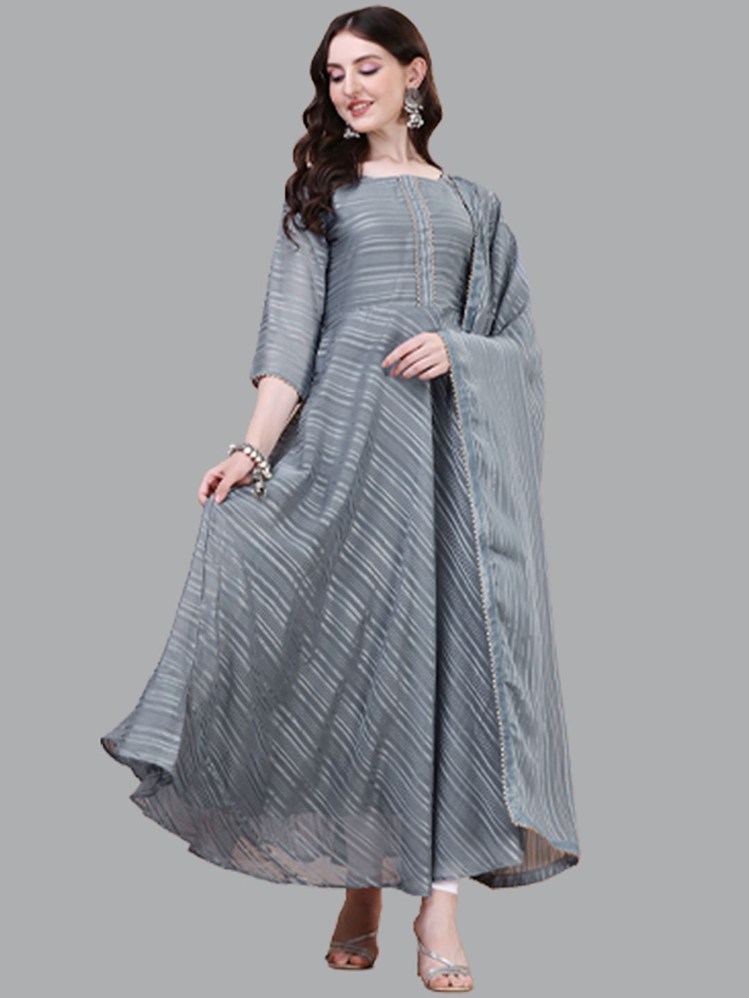 N N ENTERPRISE Striped Pure Georgette Gotta Patti Maxi Ethnic Dress With Dupatta, Grey
N N ENTERPRISE Striped Pure Georgette Gotta Patti Maxi Ethnic Dress With Dupatta, Grey