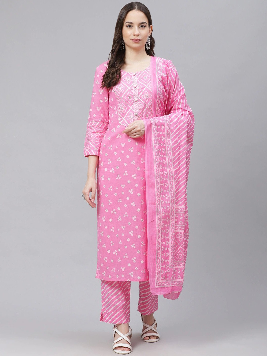 KALINI Round Neck Bandhani Printed Gotta Patti Pure Cotton Kurta with Trousers & Dupatta, Pink
KALINI Round Neck Bandhani Printed Gotta Patti Pure Cotton Kurta with Trousers & Dupatta, Pink