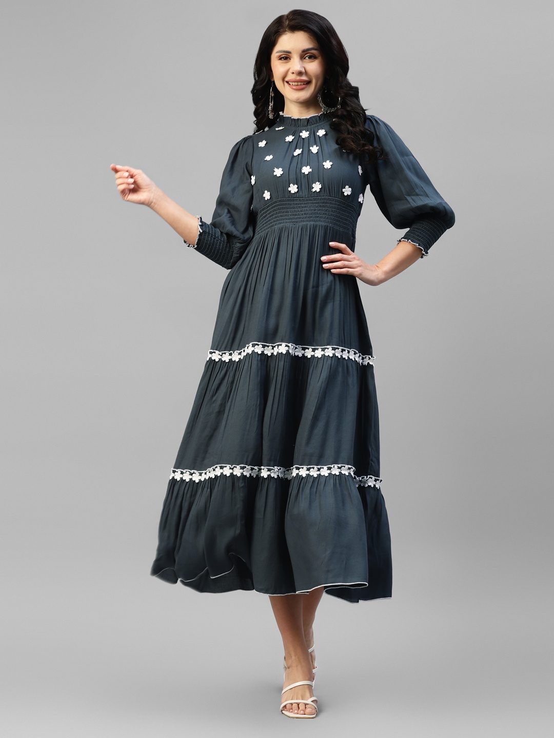 DEEBACO Round Neck Puff Sleeves Embroidered Smocked Tiered Fit & Flare Midi Dress, Grey
DEEBACO Round Neck Puff Sleeves Embroidered Smocked Tiered Fit & Flare Midi Dress, Grey