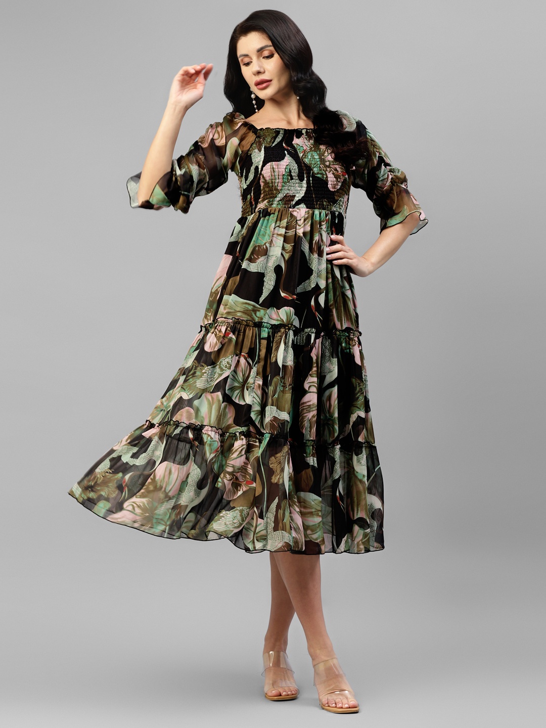 DEEBACO Floral Printed Square Neck Smocked Tiered Chiffon A-Line Midi Dress, Black
DEEBACO Floral Printed Square Neck Smocked Tiered Chiffon A-Line Midi Dress, Black
