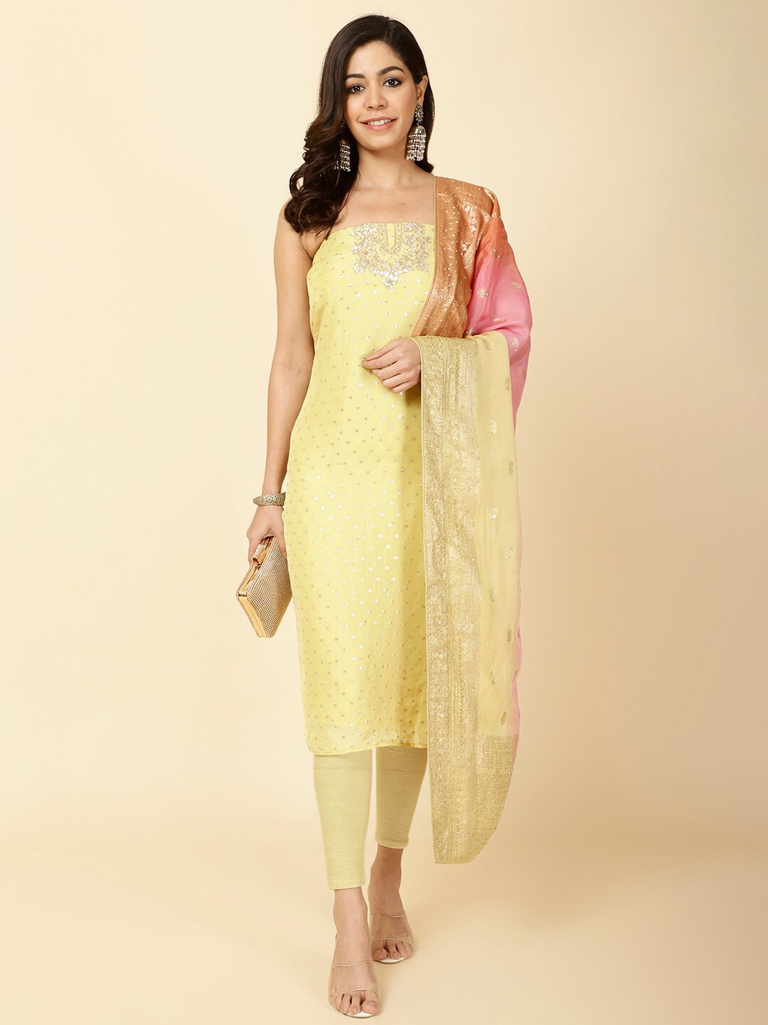 Meena Bazaar Organza Unstitched Dress Material, Yellow