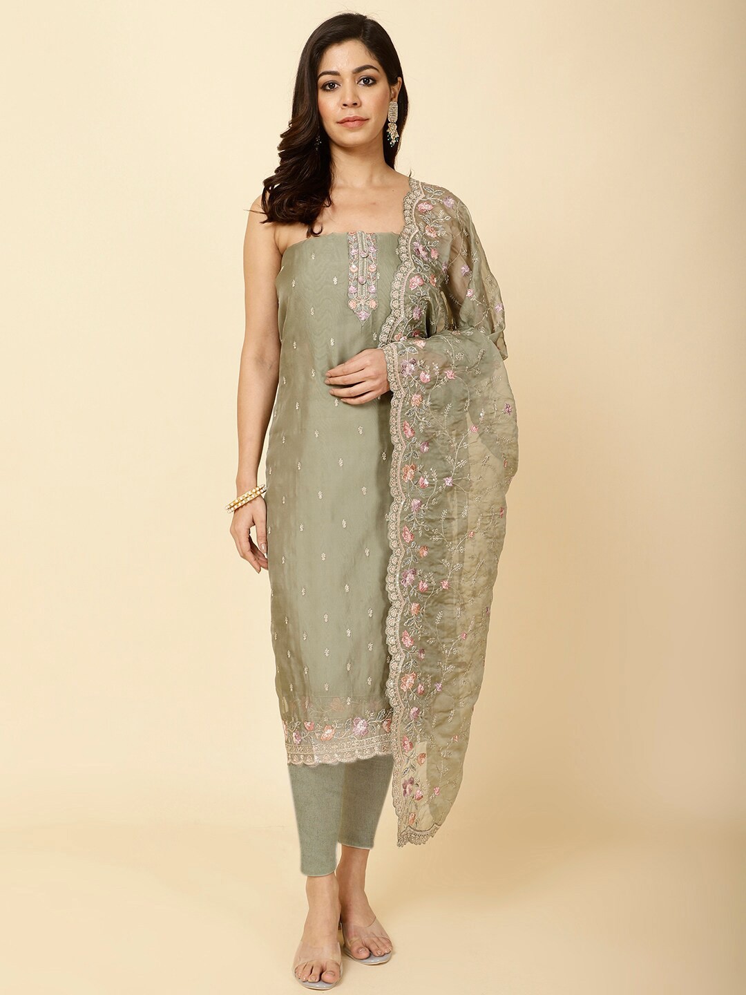 Meena Bazaar Ethnic Motifs Embroidered Organza Unstitched Dress Material, Green