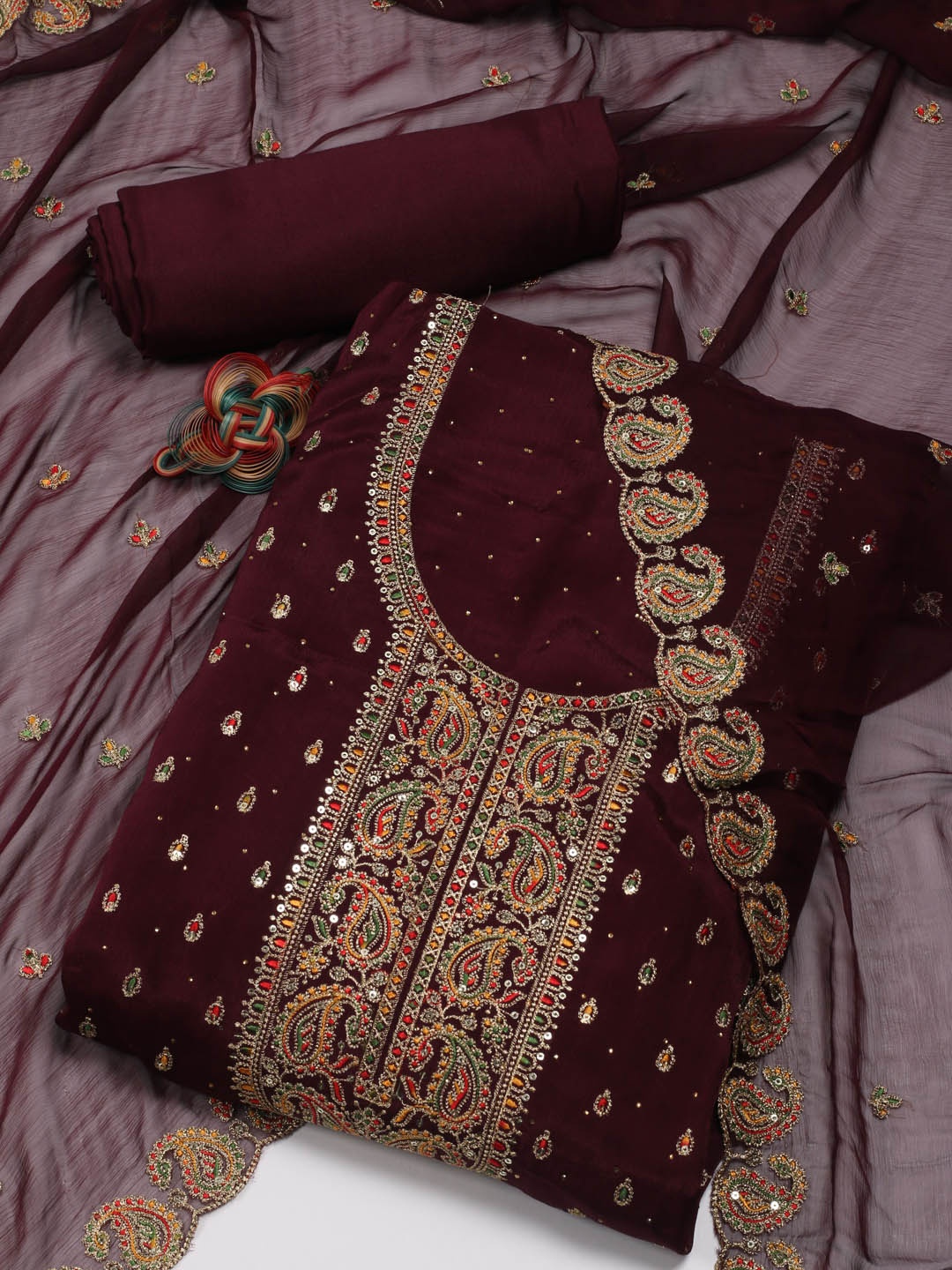 Meena Bazaar Ethnic Motifs Embroidered Beads & Stones Art Silk Unstitched Dress Material, Burgundy
Meena Bazaar Ethnic Motifs Embroidered Beads & Stones Art Silk Unstitched Dress Material, Burgundy