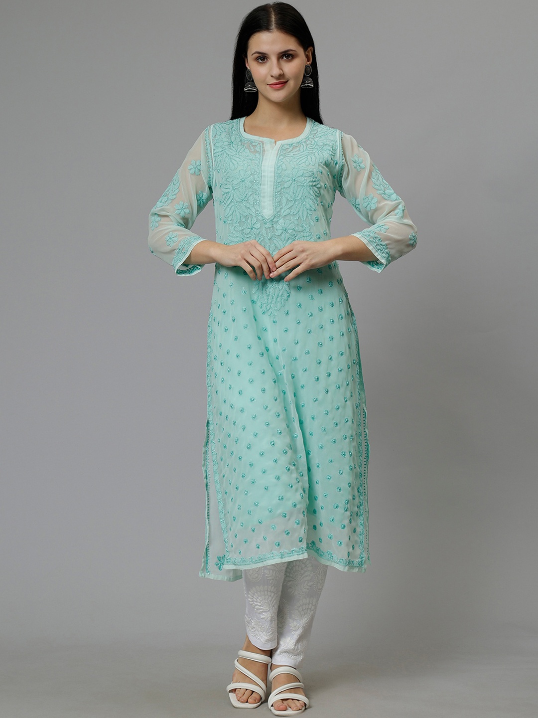 Seva Chikan Ethnic Motifs Embroidered Round Neck Chikankari Georgette Straight Kurta, Sea green
Seva Chikan Ethnic Motifs Embroidered Round Neck Chikankari Georgette Straight Kurta, Sea green