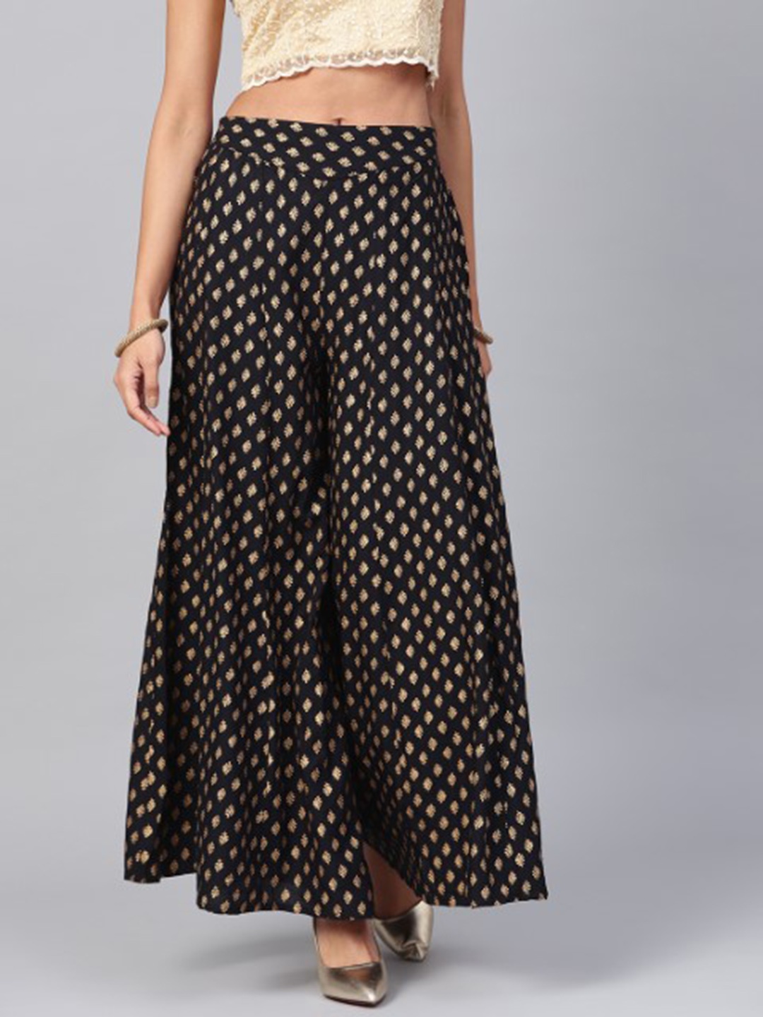 Juniper Women Motifs Printed Flared Palazzo, Black