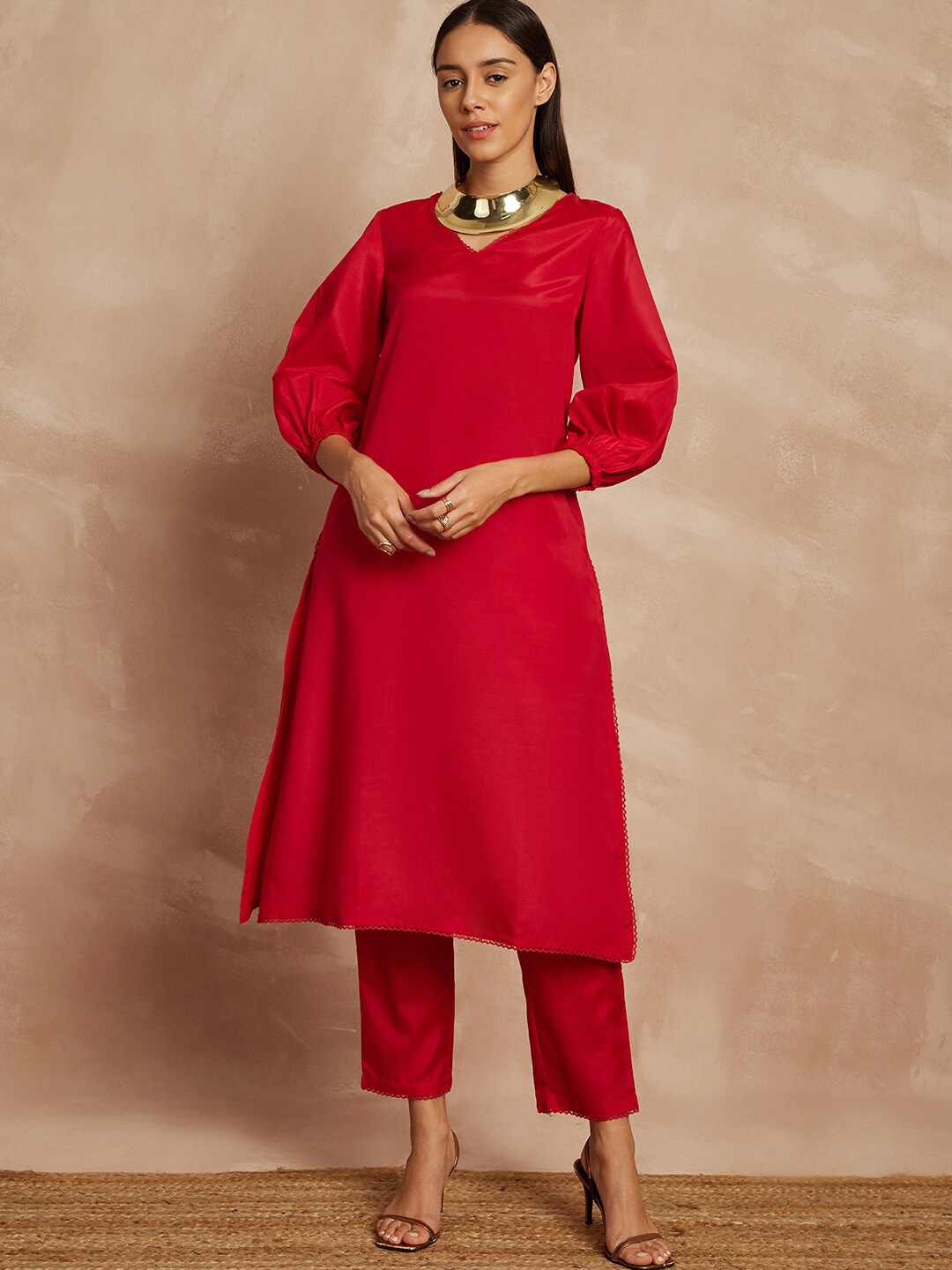 all about you V-Neck Three-Quarter Sleeves Puffed Sleeves A-Line Kurta with Trousers, Red
all about you V-Neck Three-Quarter Sleeves Puffed Sleeves A-Line Kurta with Trousers, Red
