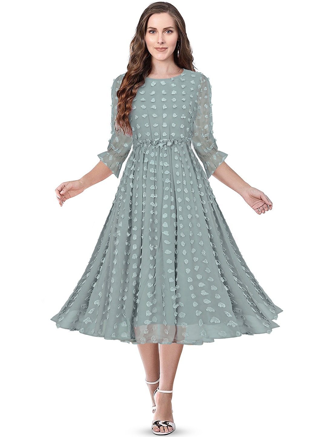 KALINI Self Design Round Neck Gathered Puff Sleeves Georgette Dobby Fit & Flare Midi Dress, Sea green
KALINI Self Design Round Neck Gathered Puff Sleeves Georgette Dobby Fit & Flare Midi Dress, Sea green