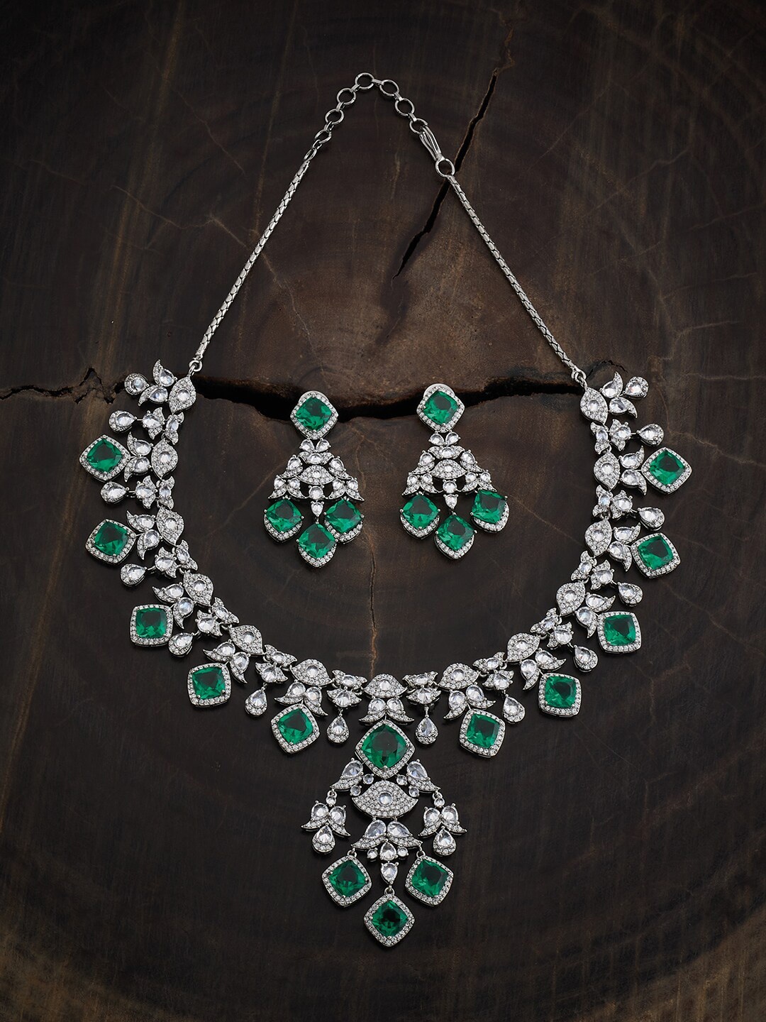 Kushal's Fashion Jewellery Rhodium-Plated Cubic Zirconia Necklace & Earrings, Silver