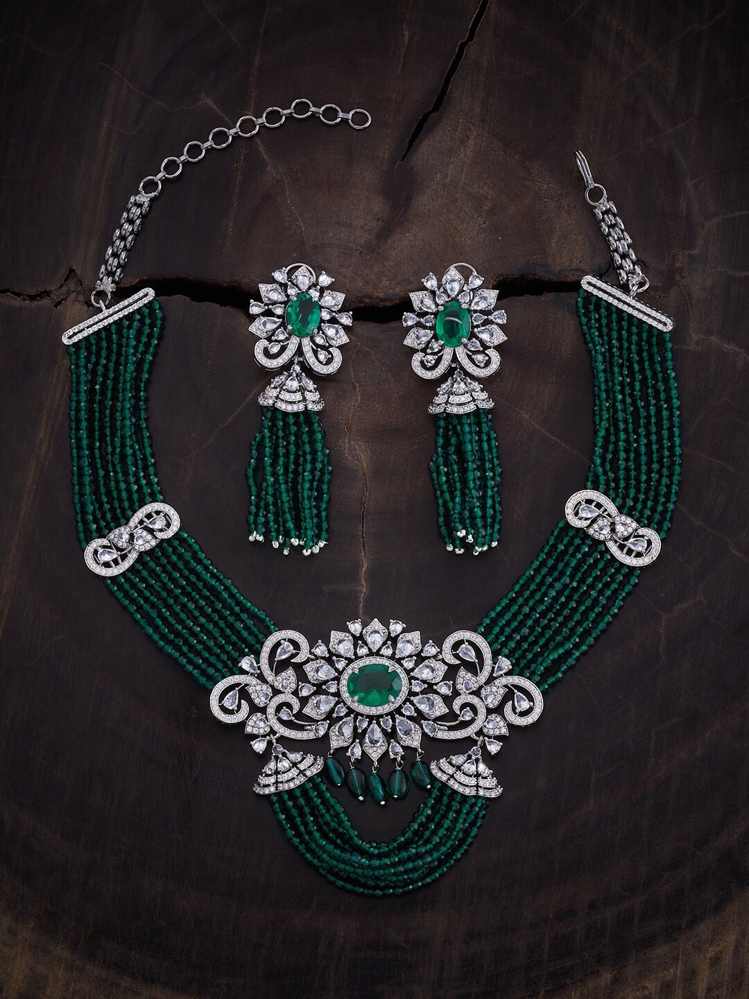 Kushal's Fashion Jewellery Rhodium-Plated Cubic Zirconia-Studded & Beaded Jewellery Set, Silver