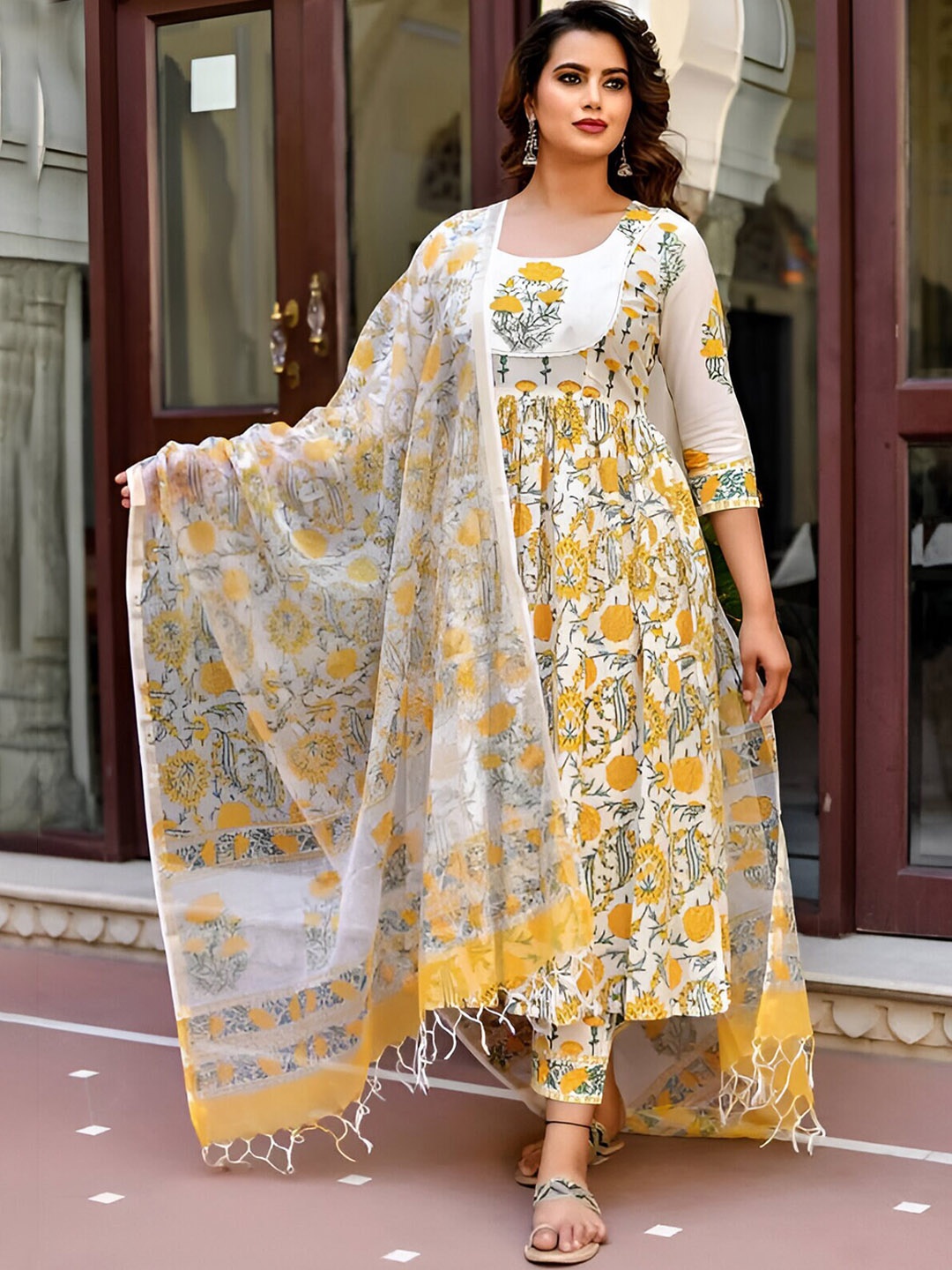 Subh LAXMI Floral Printed Empire Thread Work Kurta with Trousers & With Dupatta, Yellow
Subh LAXMI Floral Printed Empire Thread Work Kurta with Trousers & With Dupatta, Yellow