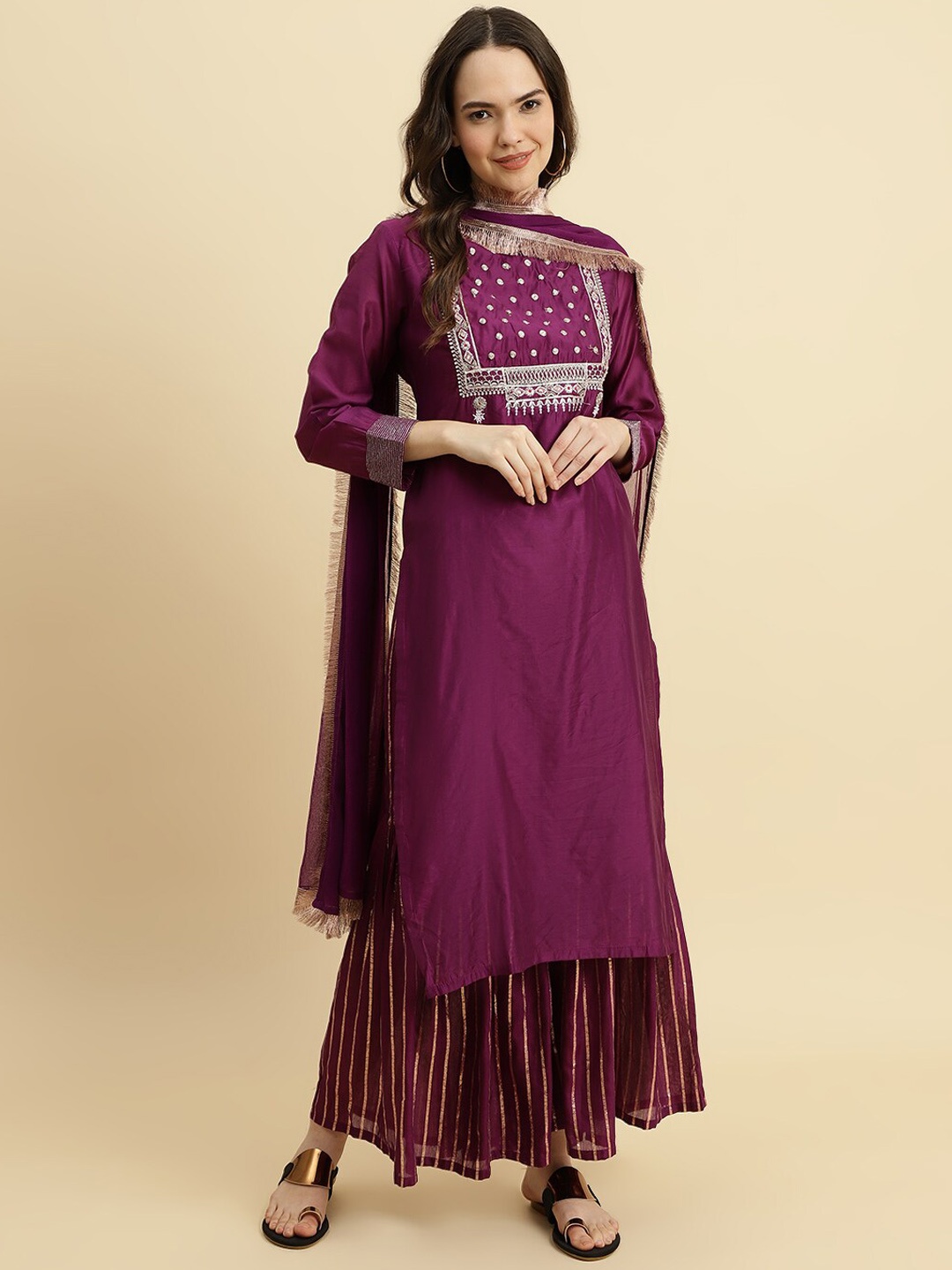 KALINI Yoke Design Embroidered Chanderi Silk Straight Kurta With Sharara & Dupatta, Purple
KALINI Yoke Design Embroidered Chanderi Silk Straight Kurta With Sharara & Dupatta, Purple