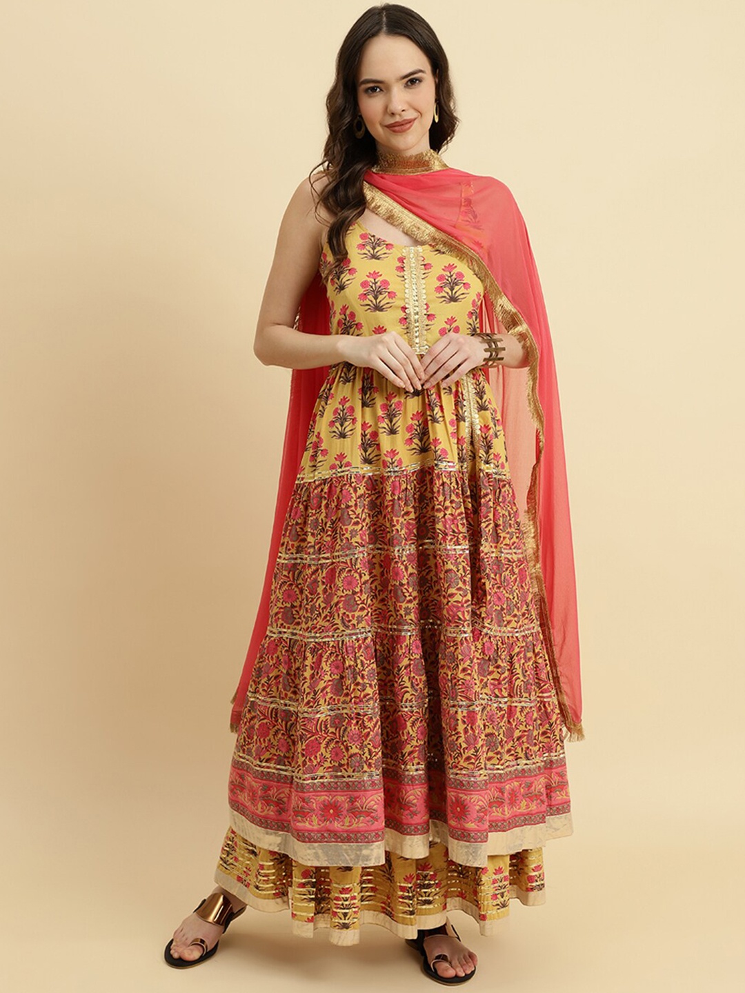 KALINI Printed Gotta Patti Tiered Anarkali Pure Cotton Kurta With Sharara & Dupatta, Yellow
KALINI Printed Gotta Patti Tiered Anarkali Pure Cotton Kurta With Sharara & Dupatta, Yellow