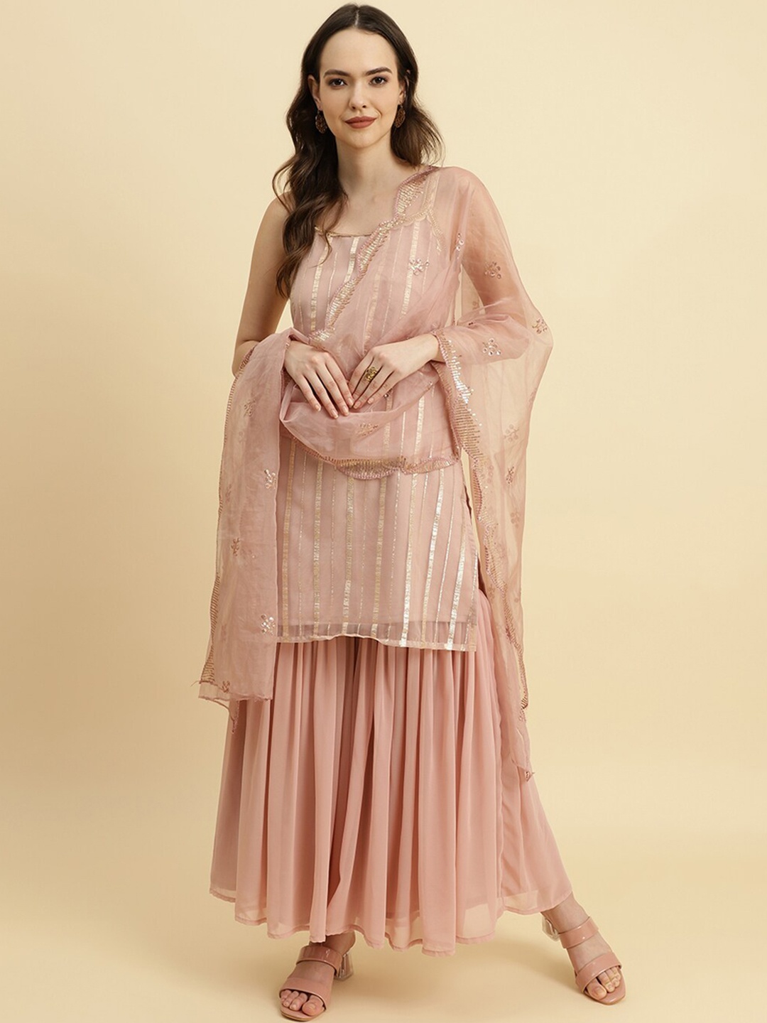 KALINI Striped Self Design Organza Knee Length Straight Kurta With Sharara & Dupatta, Peach
KALINI Striped Self Design Organza Knee Length Straight Kurta With Sharara & Dupatta, Peach