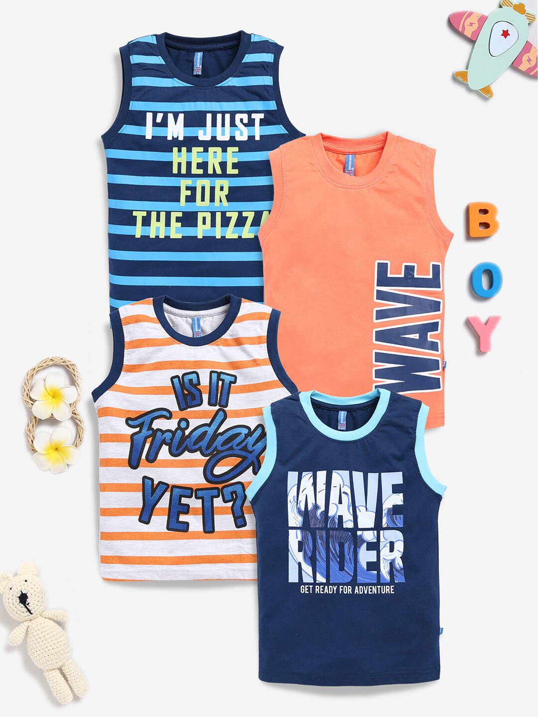 GAME BEGINS Boys Pack Of 4 Typography Printed Round Neck Sleeveless T-shirt, Navy blue
GAME BEGINS Boys Pack Of 4 Typography Printed Round Neck Sleeveless T-shirt, Navy blue