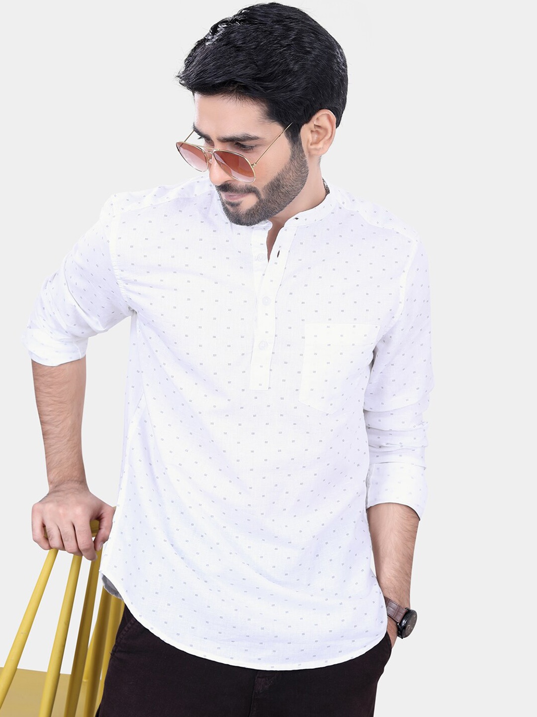 VASTRADO Printed Band Collar Long Sleeves Cotton Straight Kurta, White
