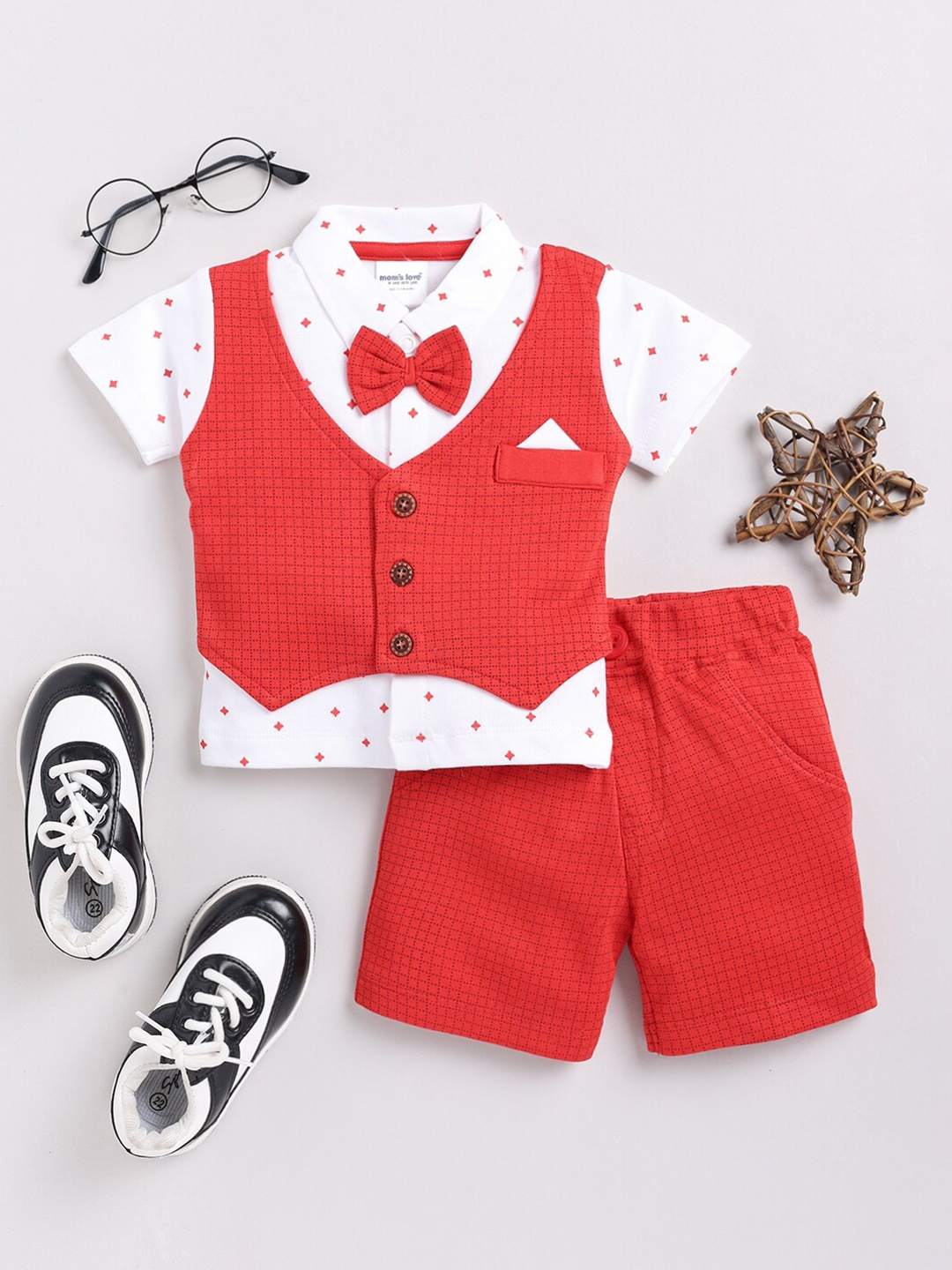 Moms Love Infant Boys Polka Dots Printed Pure Cotton Shirt With Shorts With Waistcoat, Red
Moms Love Infant Boys Polka Dots Printed Pure Cotton Shirt With Shorts With Waistcoat, Red