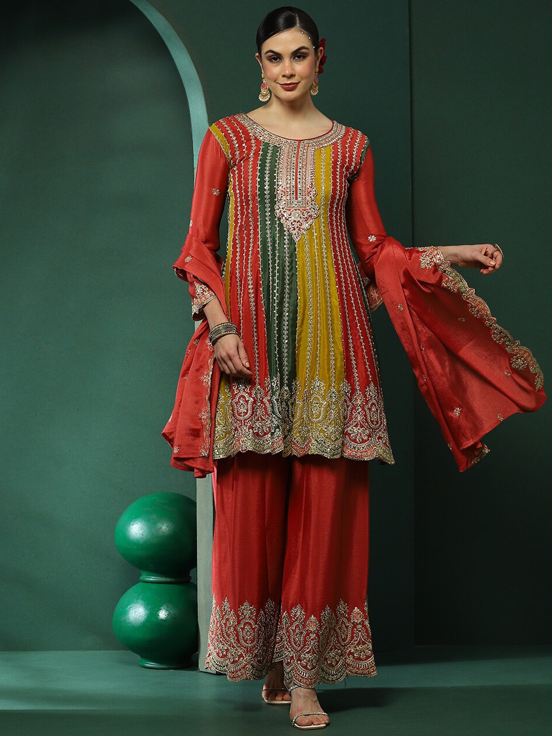AKS Couture Embroidered Sequinned Round Neck A-Line Kurta & Sharara With Dupatta, Rust
AKS Couture Embroidered Sequinned Round Neck A-Line Kurta & Sharara With Dupatta, Rust