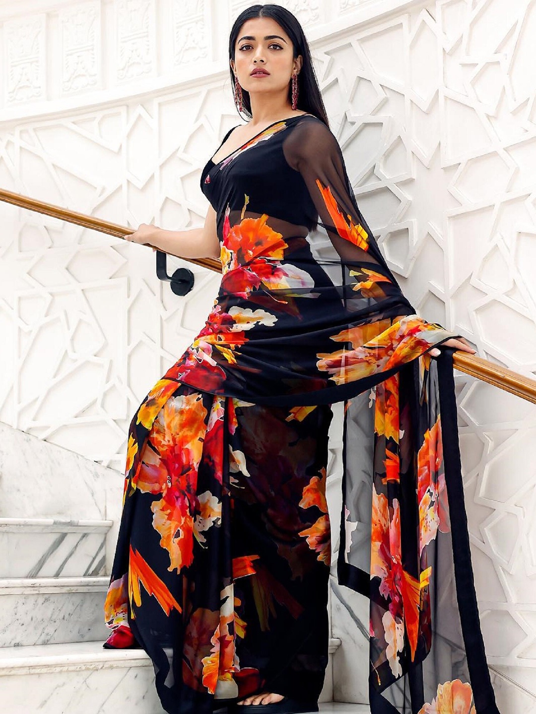 Mitera Floral Poly Georgette Saree, Black