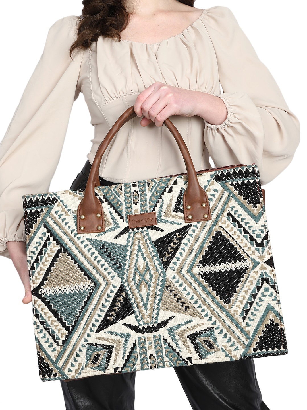 MINI WESST Ethnic Motifs Printed Structured Handheld Bag, White