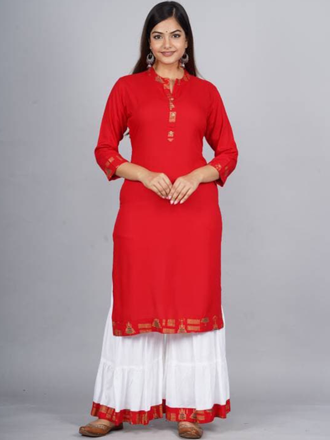 BAESD Mandarin Collar Three-Quarter Sleeves Calf Length Straight Kurta with Sharara, Red
BAESD Mandarin Collar Three-Quarter Sleeves Calf Length Straight Kurta with Sharara, Red