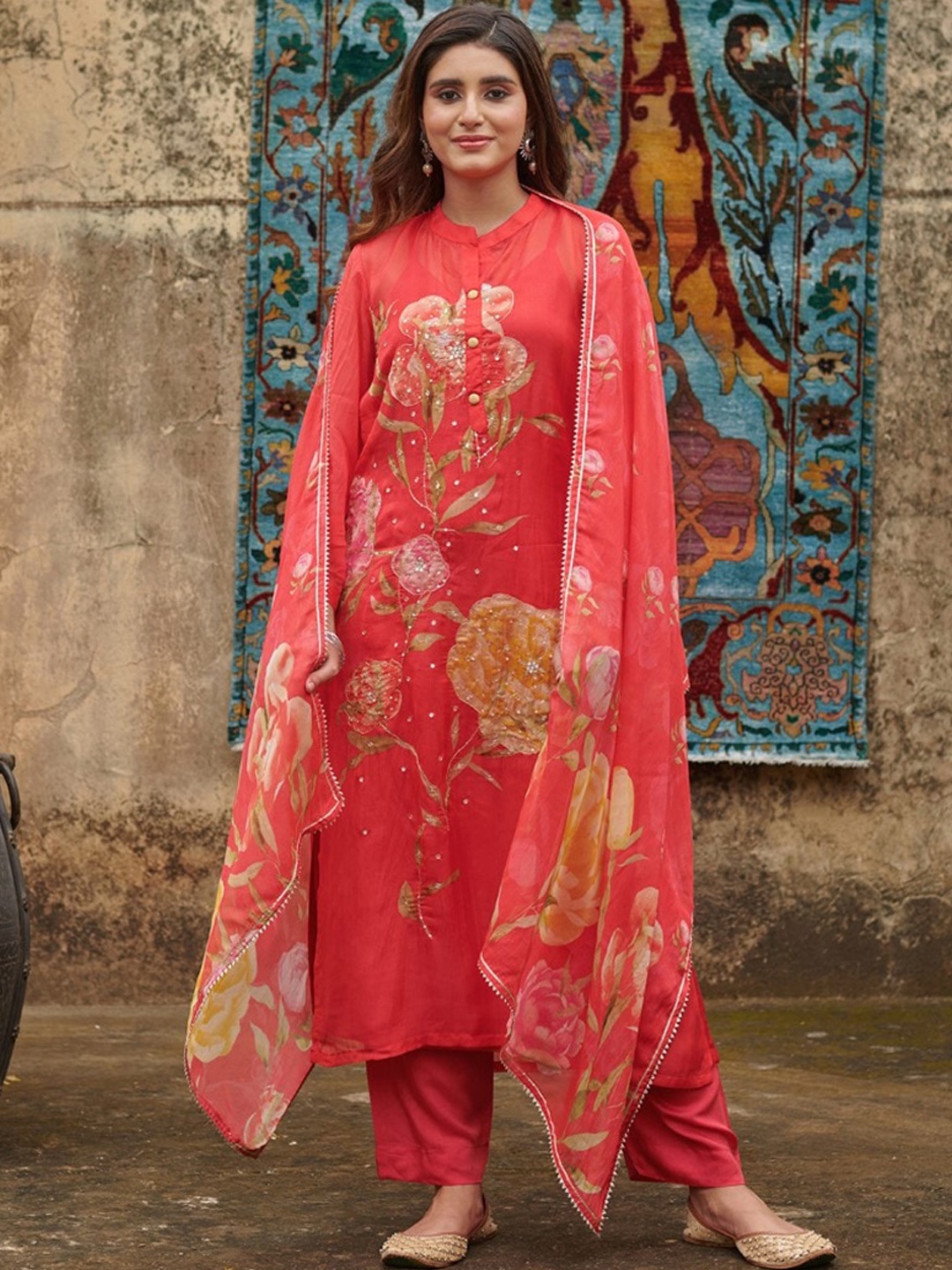 KARAJ JAIPUR Floral Embroidered Band Collar Beads Straight Kurta With Trouser & Dupatta, Red
KARAJ JAIPUR Floral Embroidered Band Collar Beads Straight Kurta With Trouser & Dupatta, Red