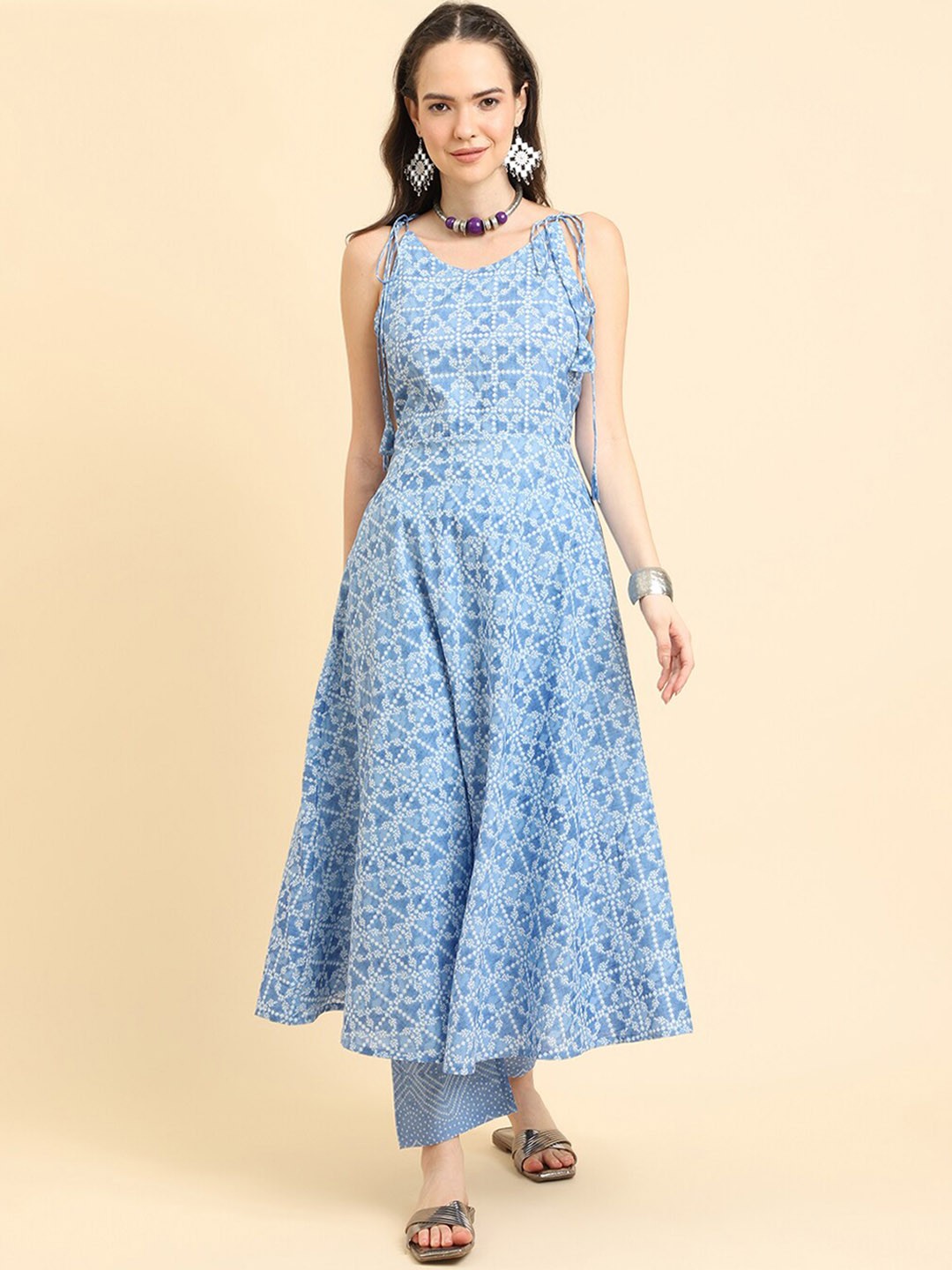 KALINI Shoulder Straps Bandhani Printed Pure Cotton Anarkali Kurta with Trousers, Blue
KALINI Shoulder Straps Bandhani Printed Pure Cotton Anarkali Kurta with Trousers, Blue