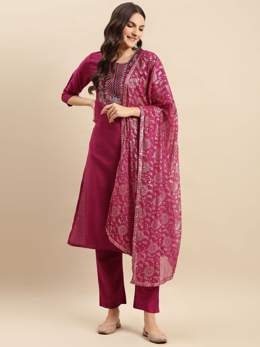 KALINI Floral Yoke Design Thread Work Dupion Silk Kurta with Trousers & Dupatta, Pink
KALINI Floral Yoke Design Thread Work Dupion Silk Kurta with Trousers & Dupatta, Pink
