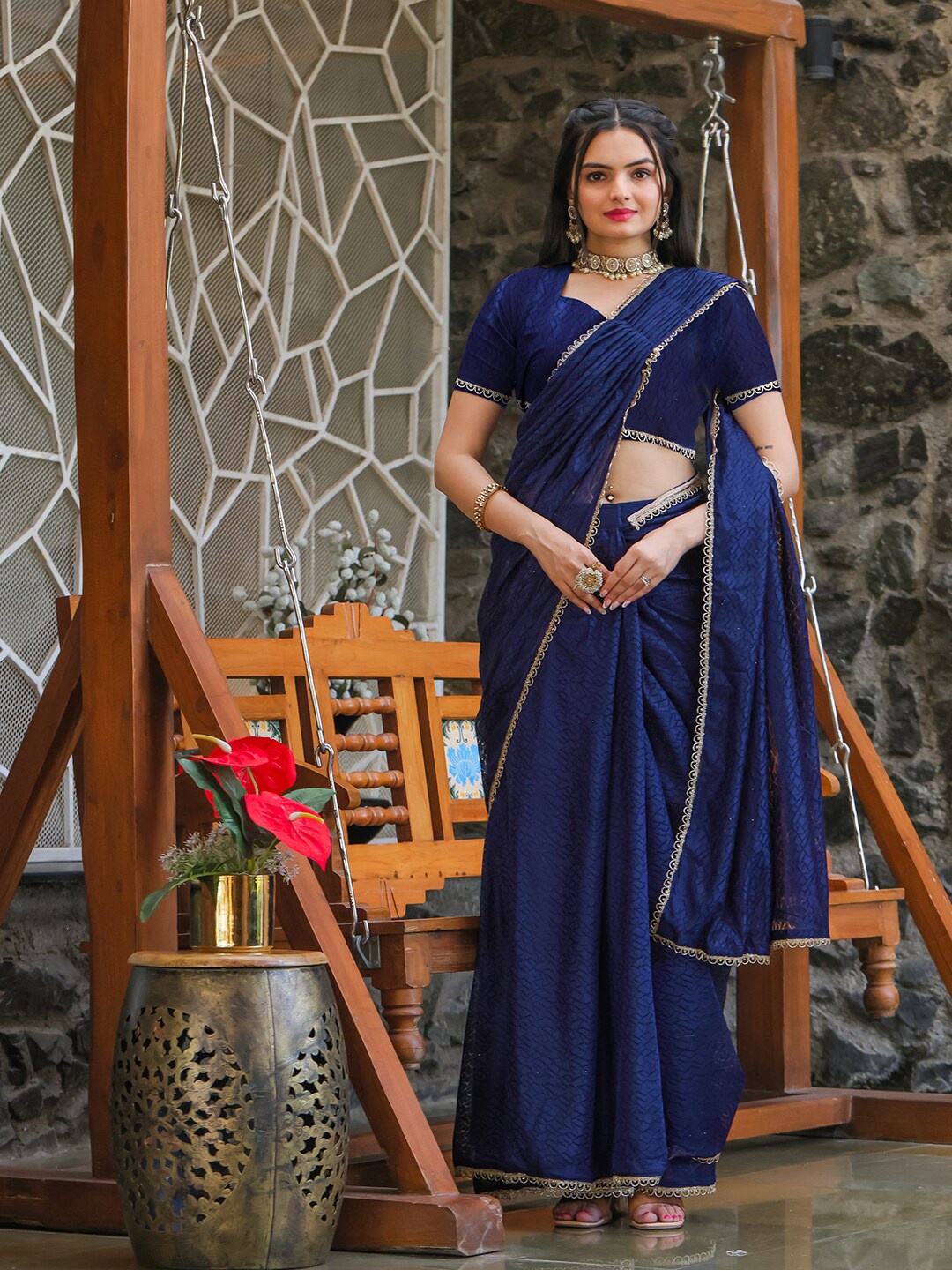 Tikhi Imli Woven Design Ready to Wear Saree, Navy blue