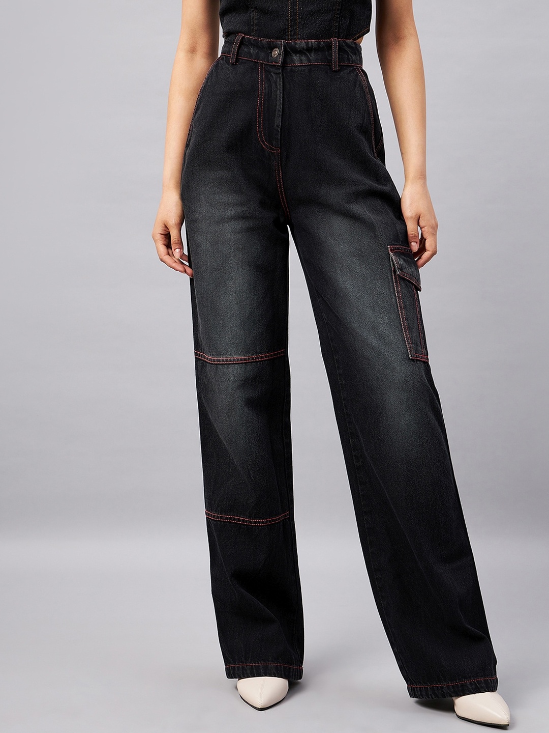 Orchid Blues Women Flared Contrast Stitch High-Rise Light Fade Cotton Cargos Jeans, Black
Orchid Blues Women Flared Contrast Stitch High-Rise Light Fade Cotton Cargos Jeans, Black