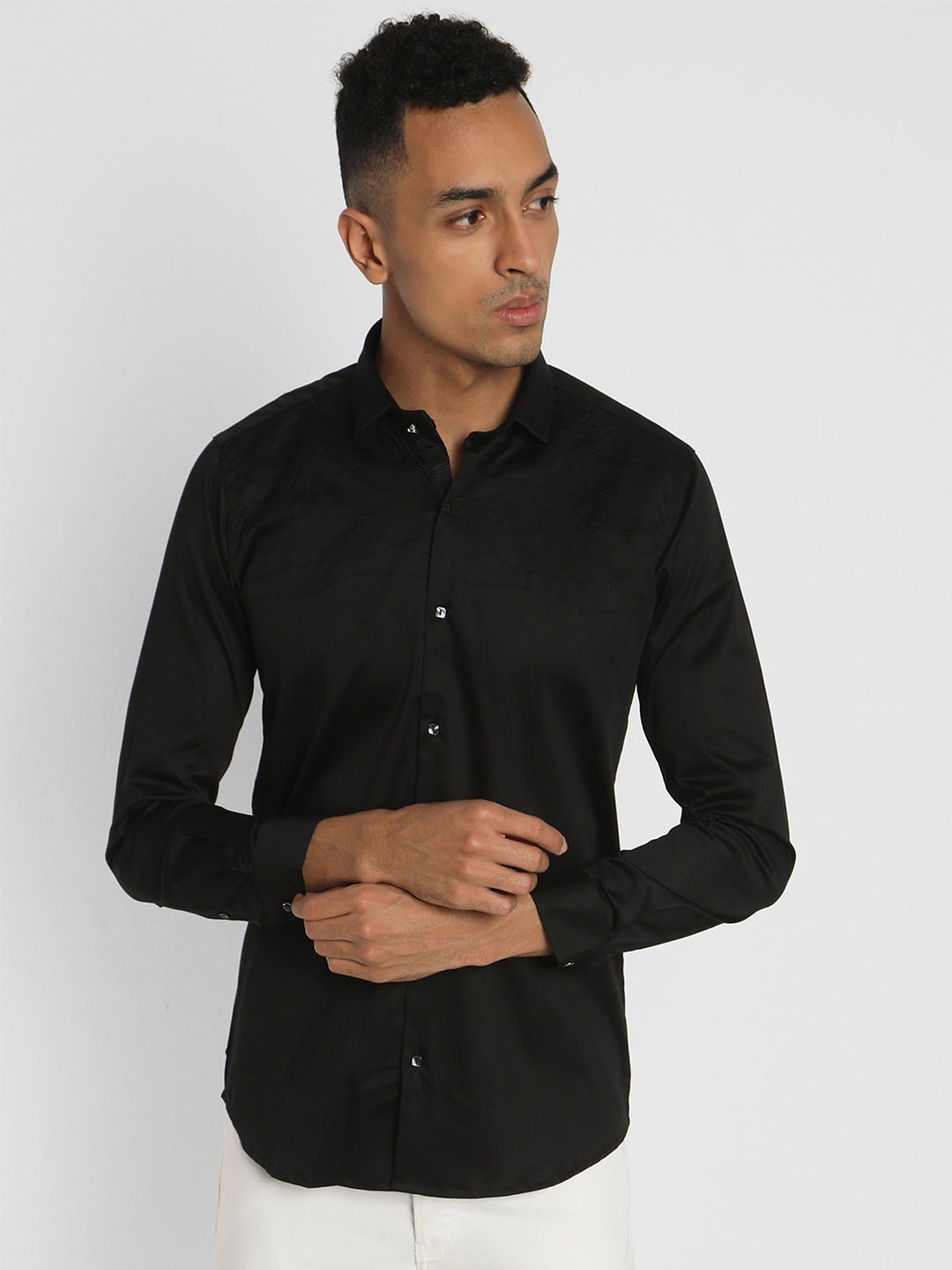 Stori Slim Fit Self Design Cotton Party Shirt, Black