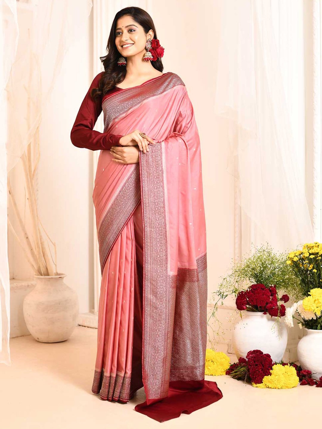 Rasm by Muskaan Woven Design Zari Pure Silk Banarasi Saree, Pink