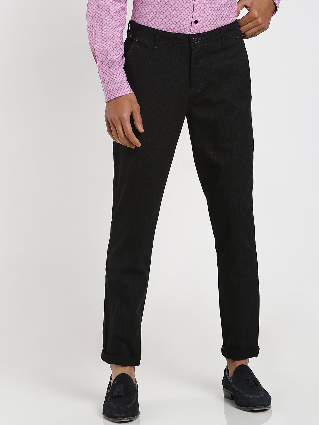 Red Flame Slim Fit Mid-Rise Cotton Trousers, Black