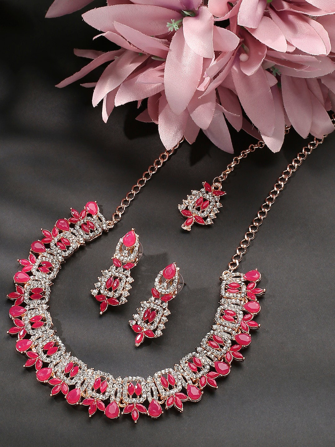 VATSALYA creation Rose Gold-Plated Stones Studded Necklace & Earrings With Maang Tika
VATSALYA creation Rose Gold-Plated Stones Studded Necklace & Earrings With Maang Tika
