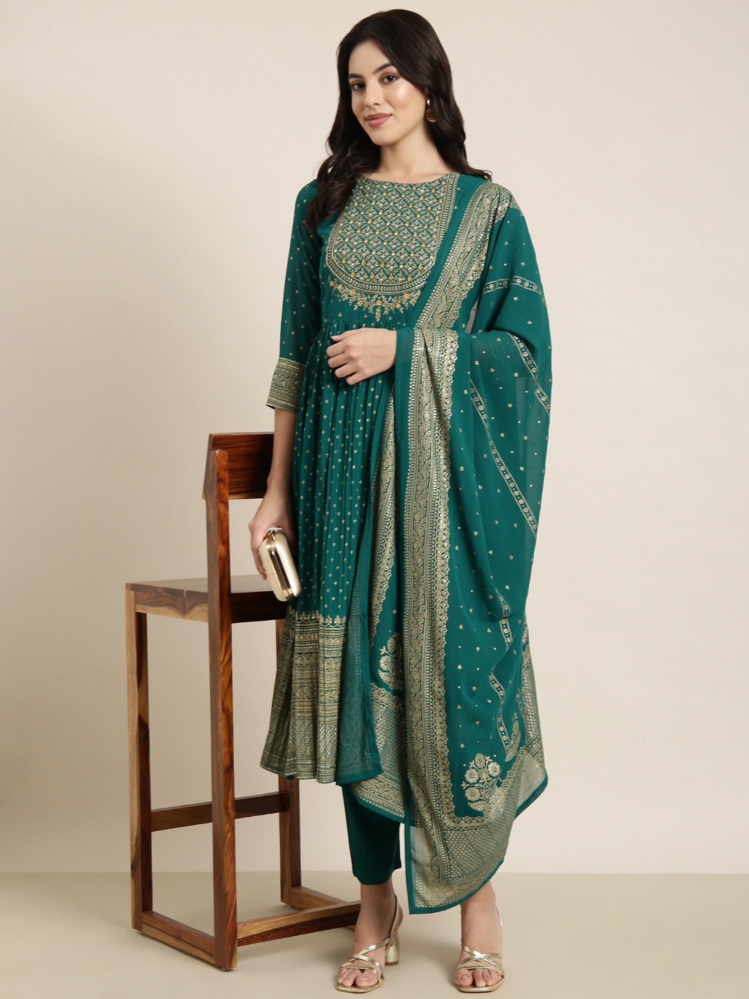 SHOWOFF Ethnic Motifs Printed Empire Mirror Work Anarkali Kurta With Trousers & Dupatta, Green
SHOWOFF Ethnic Motifs Printed Empire Mirror Work Anarkali Kurta With Trousers & Dupatta, Green