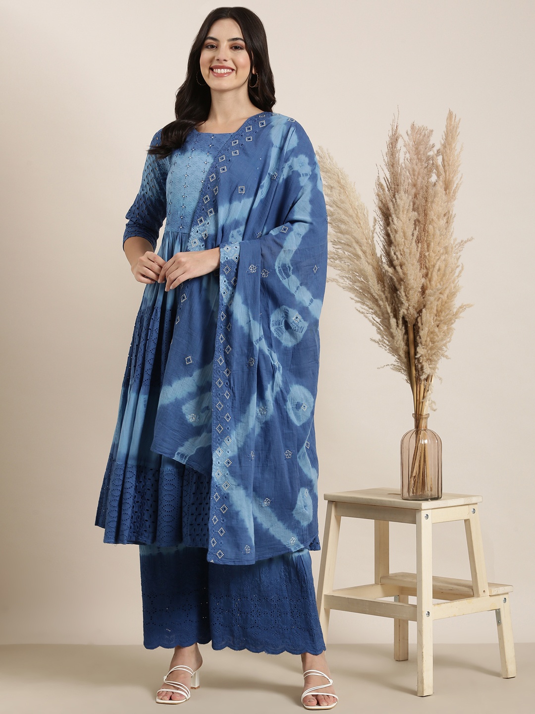 SHOWOFF Dyed Round Neck Thread Work Anarkali Kurta with Trousers & With Dupatta, Blue
SHOWOFF Dyed Round Neck Thread Work Anarkali Kurta with Trousers & With Dupatta, Blue